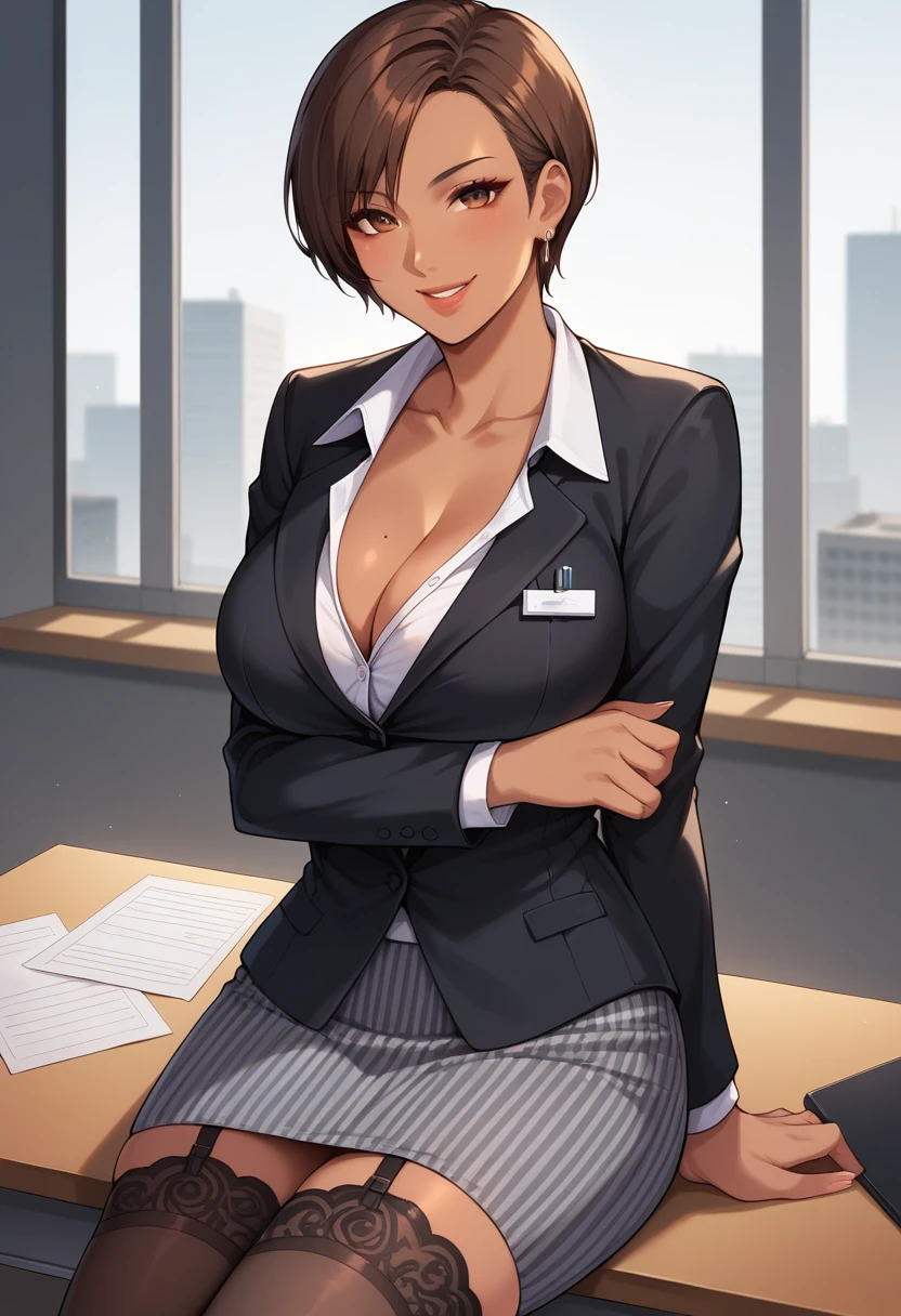 score_9, score_8_up, score_7_up,  source_anime,  BREAK,  <lora:DOALisaHamilton:0.9>, DOALisaH, short hair, brown hair, dark-skinned female, business suit, grey skirt, striped skirt, garter belt,  office, arm under breasts, seductive smile, 1 girl, sitting, on desk,