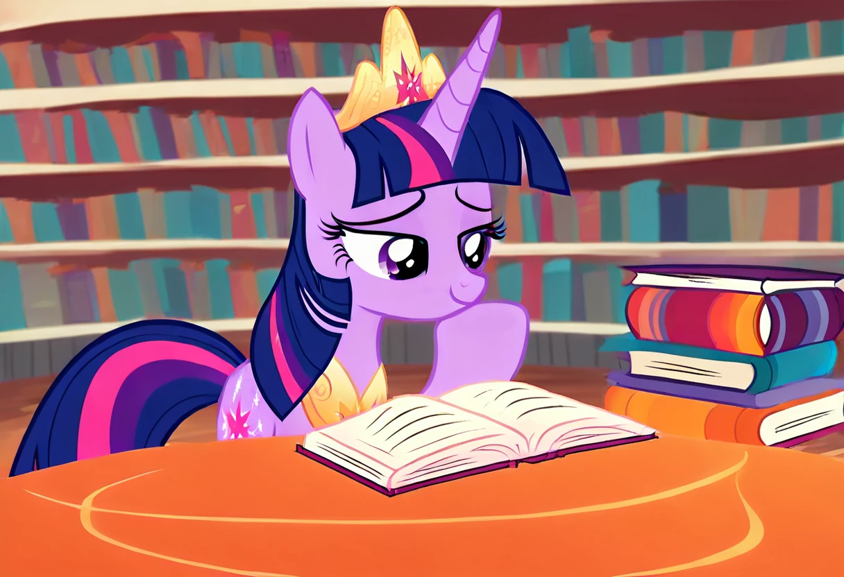 MLP Style, hi_res, score_9, score_8_up, 1girl, source_pony, show accurate, princess twilight, (solo), library, studying a giant book, sharp focus  <lora:MLP_Style_V2-000008:1>