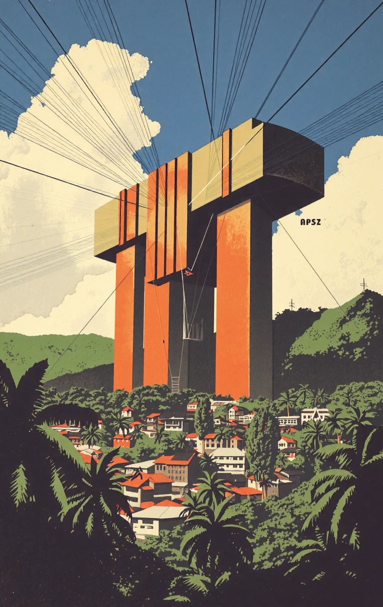 propaganda poster massive brutalist building floating above a favela in a tropical landscape, the large brutalist building has large wires and cables hanging from it