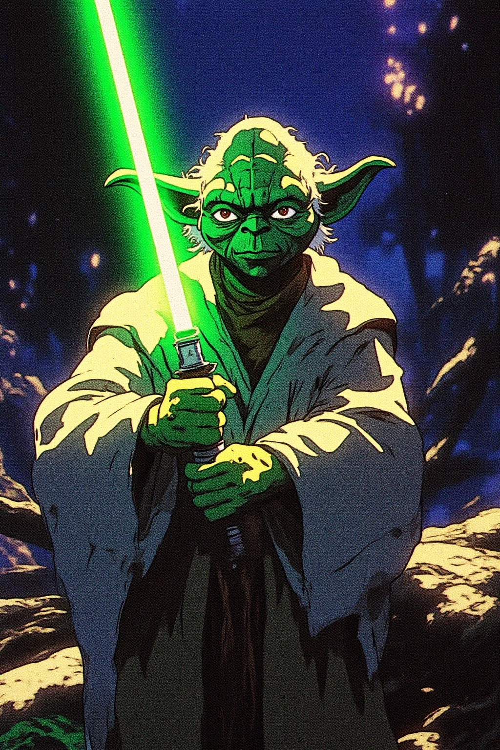 Yoda standing in a dark forest with a green lightsaber in his hand, retro anime style, futuristic, digital drawing, vivid, high contrast