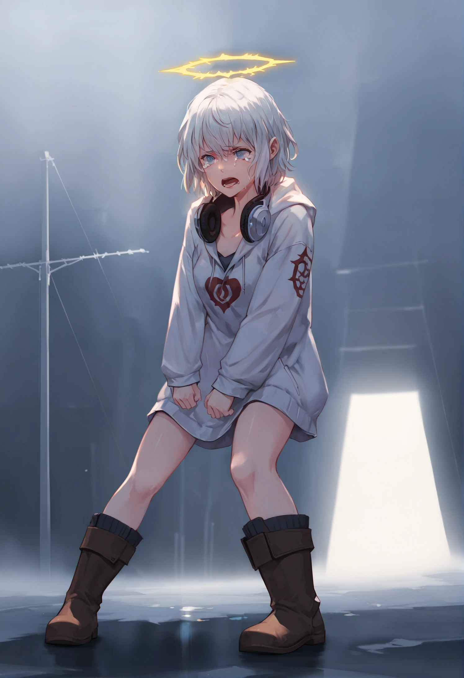 masterpiece, best quality, headphones, headphones around neck, blue eyes, hood, white hair, crying, 1girl, hoodie, tears, standing, short hair, halo, solo, hood down, boots, open mouth 
 <lora:mineoXLlokr4f-000176:0.95>