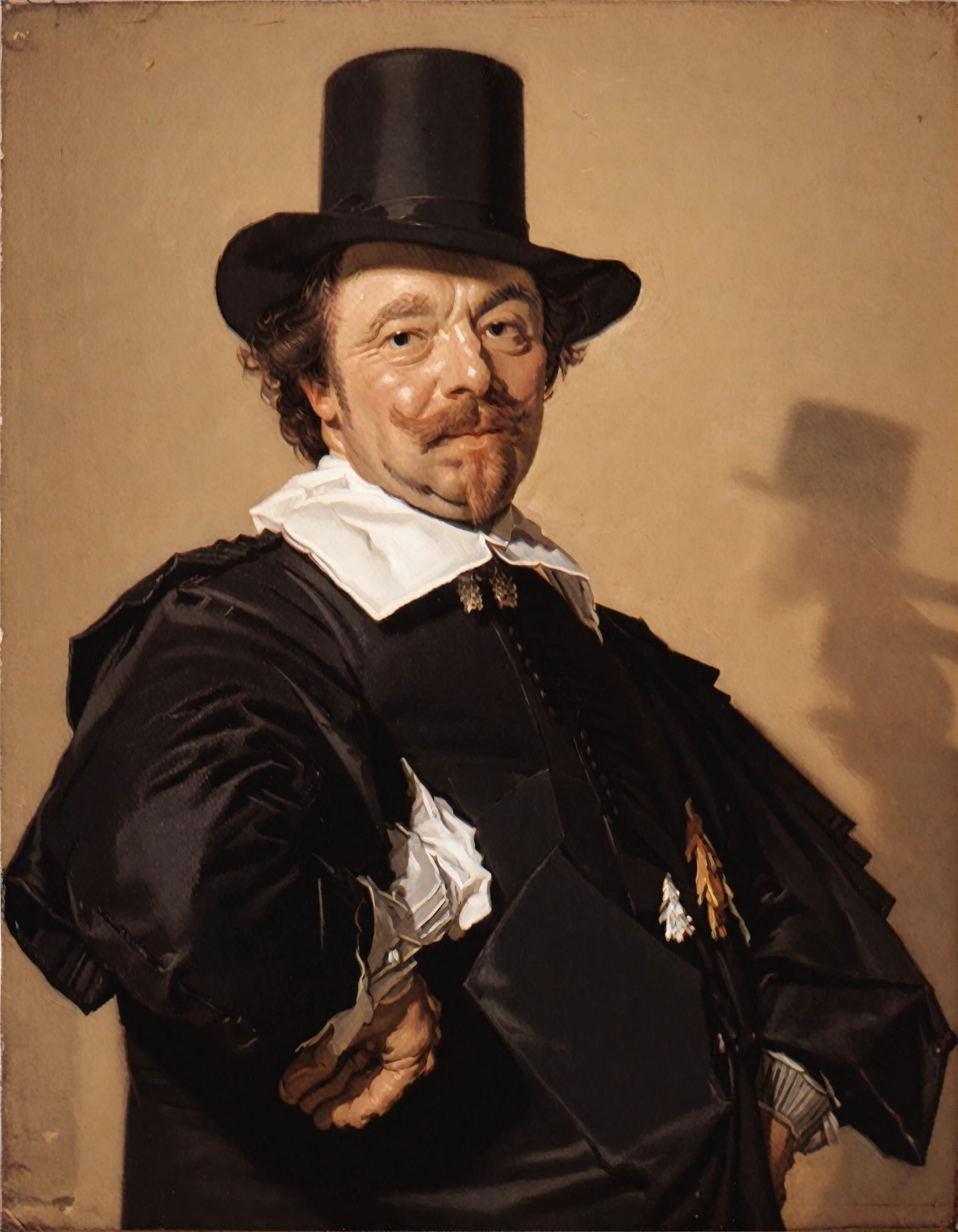 <lora:frans-hals_pony_v3:1>  ' Donald Trump ' by Hals Frans in 1648, portrait \(genre\), Baroque \(style\), male-portraits, famous-people, Gentleman, Male, The artwork is a portrait of a man wearing a top hat and a black coat,, score_9, score_6_up, score_7_up