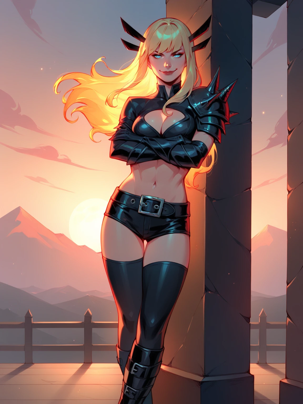 score_9, score_8_up, score_7_up, BREAK, MagikMarvel, 1girl, solo, long blonde hair, black hair decoration, spiked shoulder pad, black gloves, black crop top, cleavage, midriff, black short shorts, high black boots, crossed hands under her breast, smirk, flames, sunset, moon, leaning on wall <lora:MagikMarvel:1>