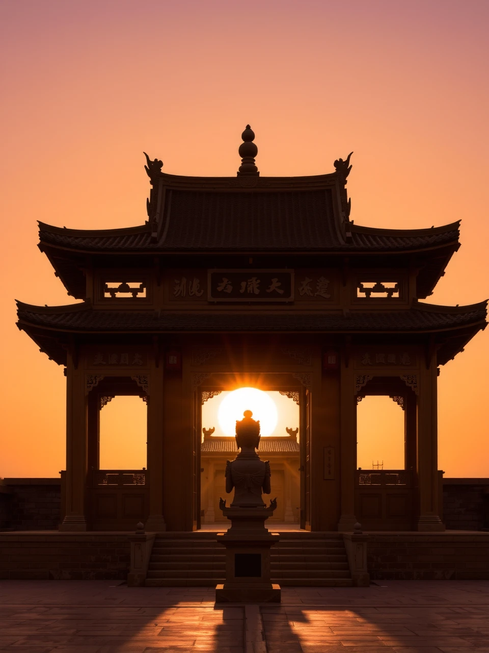 Altar and Temple Architecture: An illustrative depiction of a traditional Chinese altar or temple, a testament to China's deep-rooted cultural heritage, under the serene backdrop of a setting sun.
The image presents a well-preserved altar or temple, a symbol of ancient Chinese architecture, standing in its full glory against the warm, golden light of the sunset. The structure, with its sweeping roof, intricate carvings, and balanced proportions, is bathed in the soft glow of the declining day, highlighting the temple's historical and spiritual significance.
The temple's silhouette is accentuated by the sunset, creating a striking contrast between the ancient stonework and the vibrant sky. The scene evokes a sense of reverence and tranquility, encapsulating the essence of China's architectural and cultural legacy.
This portrayal captures the timeless beauty of altar and temple architecture in China, with the sunset serving as a metaphor for the enduring spirit of Chinese tradition and the passage of time. The image conveys a deep appreciation for the artistry and craftsmanship of ancient Chinese builders, and the enduring relevance of these sacred structures in contemporary society.