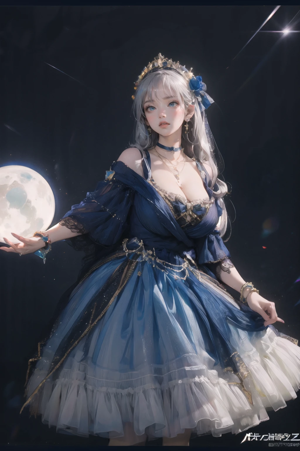 (masterpiece, best quality:1.2),illustration,8k,hd,huge filesize,lens flare,1 girl,very long hair,solo,cldqz,dress,blue dress,hair ornament,bracelet,jewelry,choker,bracelet,bow,necklace,(silver hair:1.1),huge breasts,(cleavage:1.2),bouncing breasts,day,extremely detailed dress,sky,crystalstexture skin,areola,nipples,off shoulder,<lora:killerè¸é¨å¤§å°è°èå¨v2-02:0.65>,