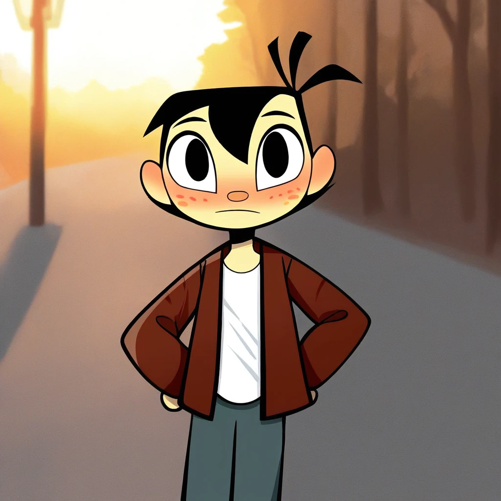 score_9, solo, sheldon_ol, black hair, black eyes, shirt, jacket, blush, outdoors, looking at viewer, natural lighting