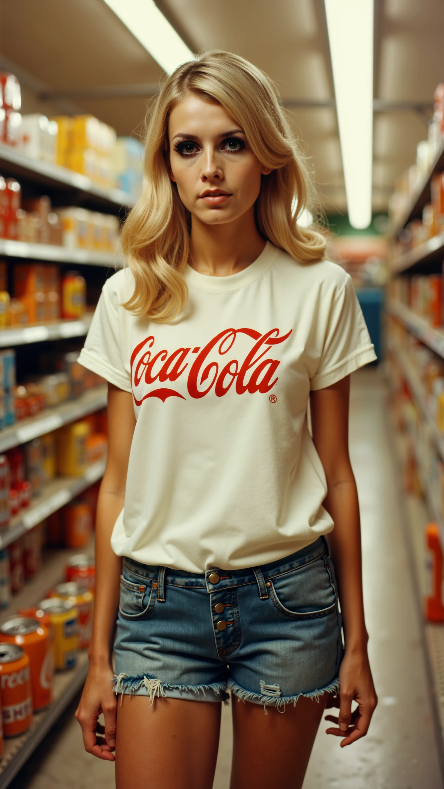 Twiggy,A nostalgic 1970s photograph featuring Twiggy standing casually in a vintage grocery store aisle, with shelves lined with colorful products from the era. Twiggy is dressed in a classic 70s look: a white Coca-Cola logo t-shirt tucked into high-waisted denim shorts. The shirt fits loosely, with the iconic red logo popping against the soft, faded tones of the scene. Her high-waisted shorts are slightly worn, giving off a comfortable, lived-in feel, while her relaxed posture captures the effortless cool of the decade.

Twiggy’s blonde hair is styled in soft, voluminous waves, cascading naturally over her shoulders, perfectly in line with the 70s glam look. Her makeup is minimal yet striking, featuring her signature bold lashes, lightly applied eyeliner, and a soft, nude lip, which keeps the focus on her classic beauty.

The lighting is warm and sepia-toned, characteristic of vintage 70s film photography, casting a soft glow that enhances the retro atmosphere. The store’s fluorescent lights create subtle reflections on the shelves, while the faded colors give the photo a dreamy, timeless quality. The overall mood is laid-back and nostalgic, as Twiggy stands confidently in the middle of a scene filled with everyday life, yet with a sense of effortless style that only she can bring