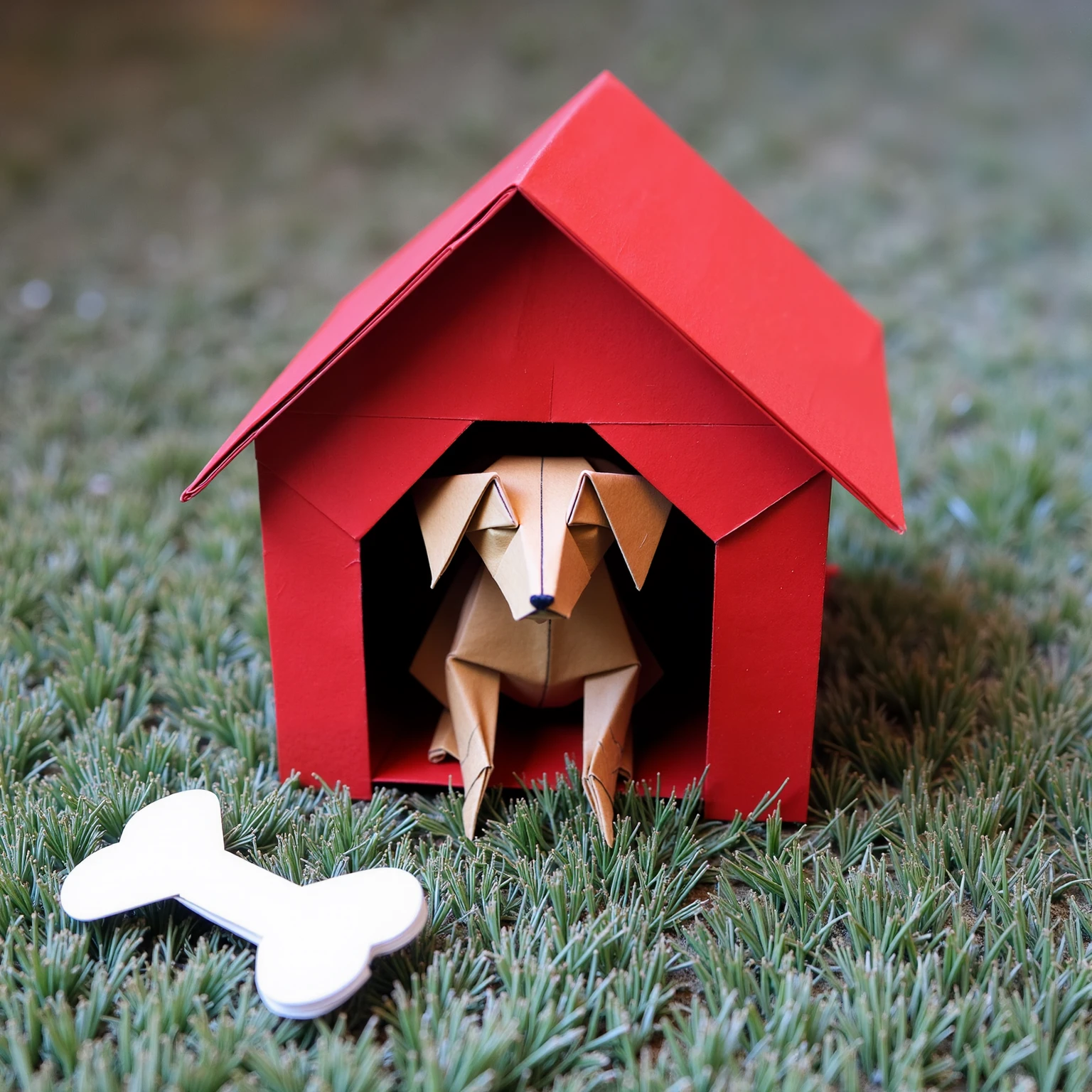 origami, an origami dog made out of brown construction paper in a red origami dog house, texture of paper, an origami bone on the ground made our of white construction paper