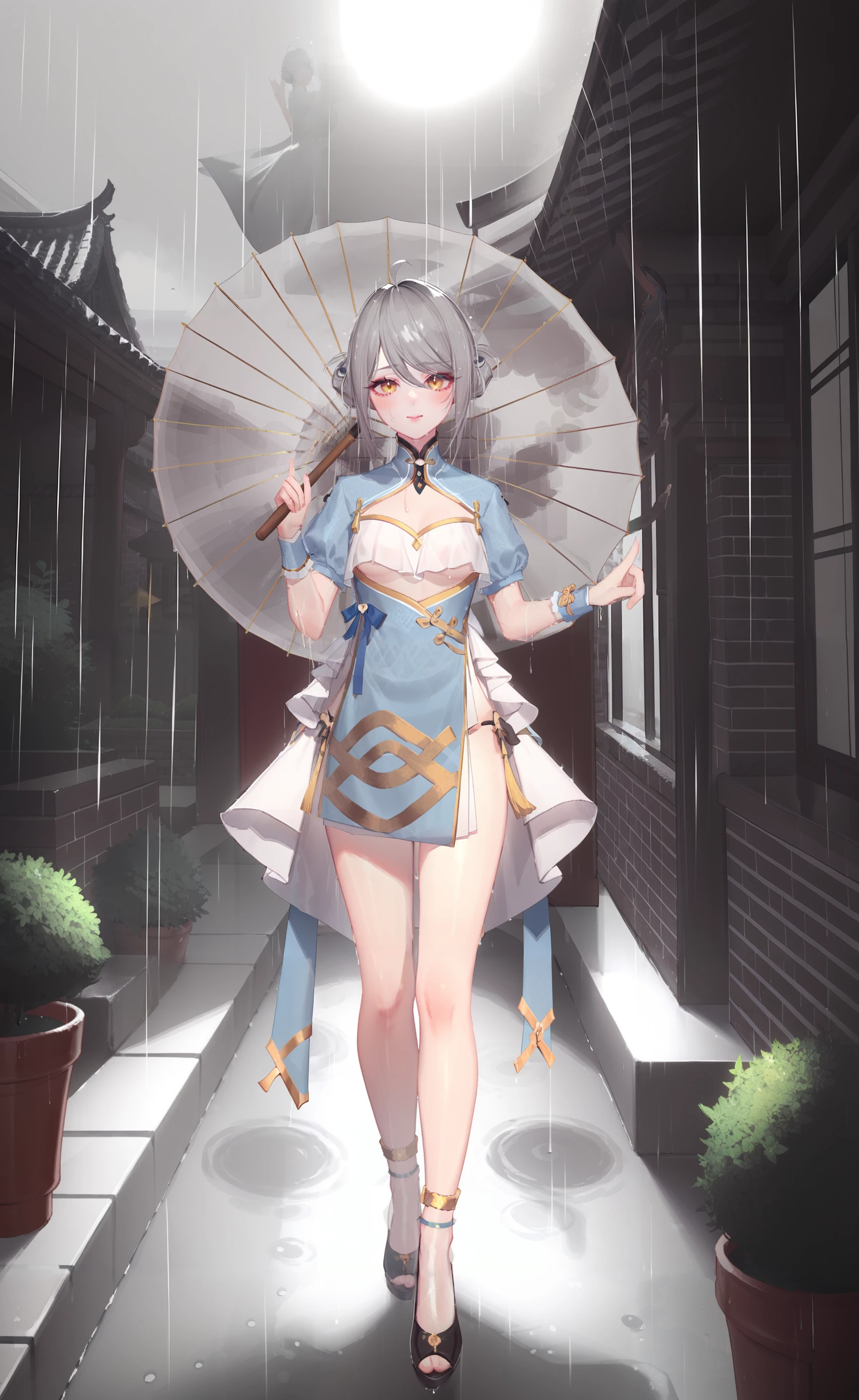 8k, best quality, masterpiece, (ultra-detailed), (high detailed skin), by nanoless, by misumi \(macaroni\), 
<lora:akxy-atw-Tanger-000010:0.8>, akxy, xiaohe, first clothes, 1girl, dress, ahoge, grey hair, breasts, chinese clothes, double bun, hair bun, short sleeves, yellow eyes, umbrella, 
A delicate scene of a Jiangnan woman walking towards the viewer in a misty rain, holding an umbrella with one hand, gently touching a wall with the other. She walks on a narrow, wet, ancient street with moist green bricks underfoot. The surroundings feature traditional Jiangnan architecture in an ink wash style, with fine details in the mist and rain adding depth and atmosphere. Created Using: traditional Chinese painting techniques, soft focus, layered composition, subtle lighting, monochromatic color palette, wet brush effect, hd quality, 
<lora:neg101-000008:0.5>,