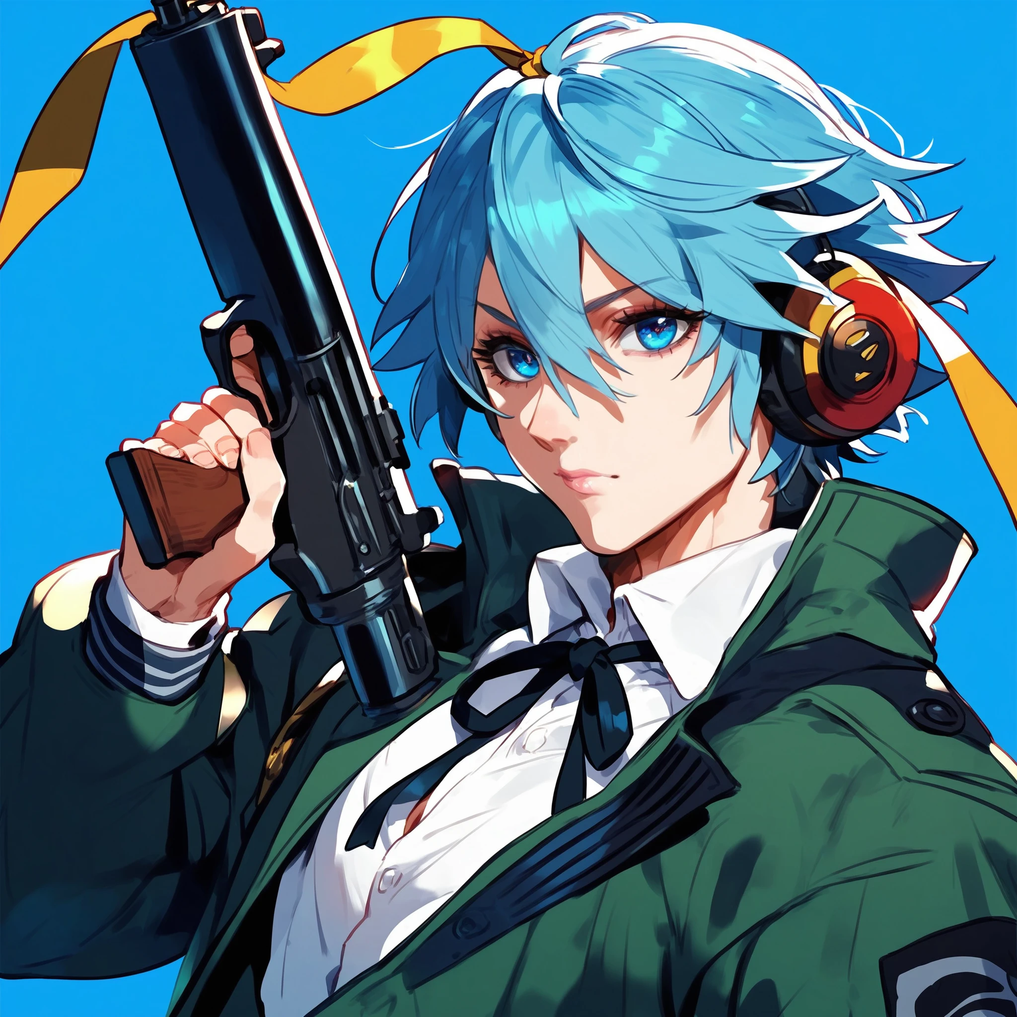 score_9, score_8_up, score_7_up, score_6_up, score_5_up, score_4_up, source_anime, 8k, masterpiece, absurdres, (Lucyla style, Lucyla), absurdres, best quality, embedding:zPDXL3, BREAK, gun to head, 1boy, weapon, gekkoukan high school uniform, gun, holding weapon, holding gun, male focus, blue eyes, holding, ribbon, school uniform, simple background, shirt, neck ribbon, blue hair, solo, looking at viewer, blue background, hair between eyes, closed mouth, jacket, long sleeves, short hair, collared shirt, open clothes, black ribbon, open jacket, headphones