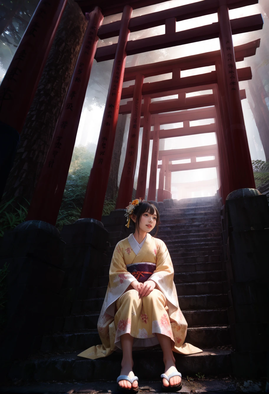 ,ruanyi0942,multiple torii,outdoors,stone stairs,tree,
,ruanyi0712,floral print,yellow kimono,obijime,sandals,tabi,wide sleeves,
sitting on stairs,<lora:0942 torii_v1_pony:1>,<lora:0712 kimono_v1_pony:0.7>, score_9,score_8_up,score_7_up,,8k,1girl,solo,,