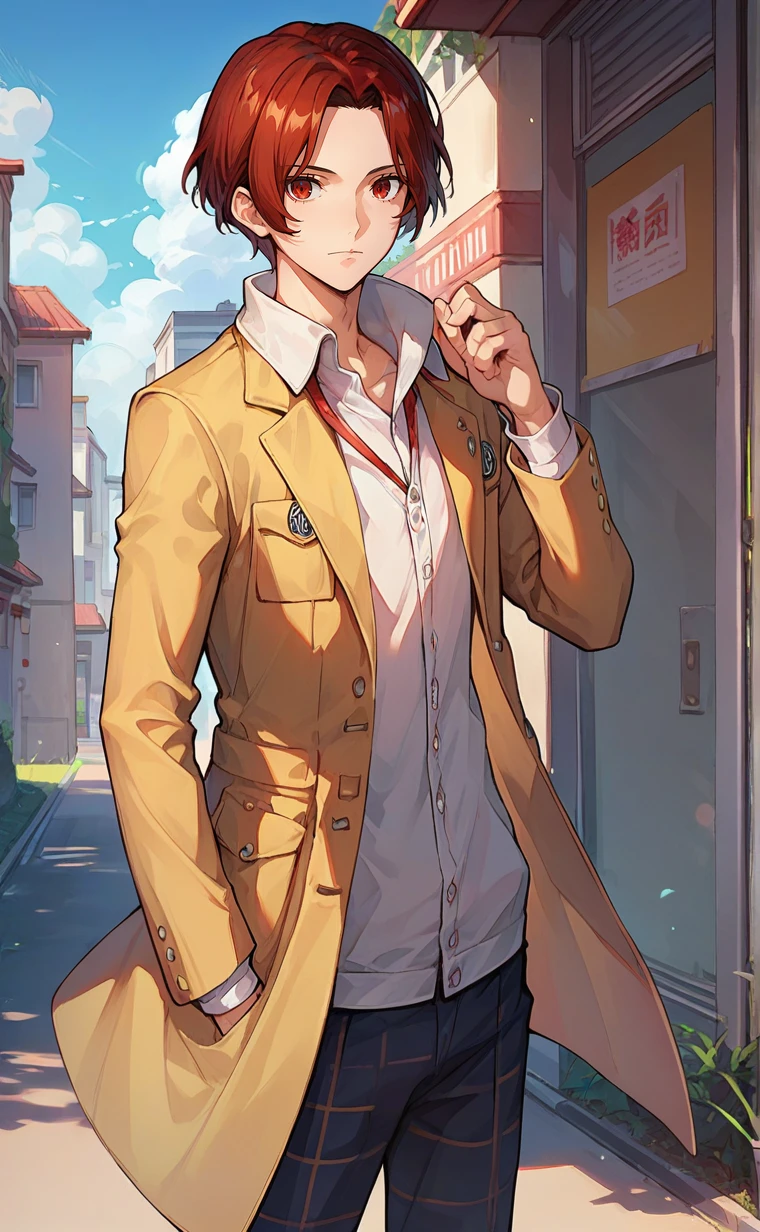 1 boy,male focus,wonder_p5x,solo,red eyes,dark red hair,short hair,eyelash,expressionless,yellow jacket,school uniform,pants,outdoor,school,,score_9,score_8_up,score_7_up,source_anime,light smile,happy,,<lora:Wonder:0.8>,<lora:Smooth Anime Style LoRA XL:0.8>