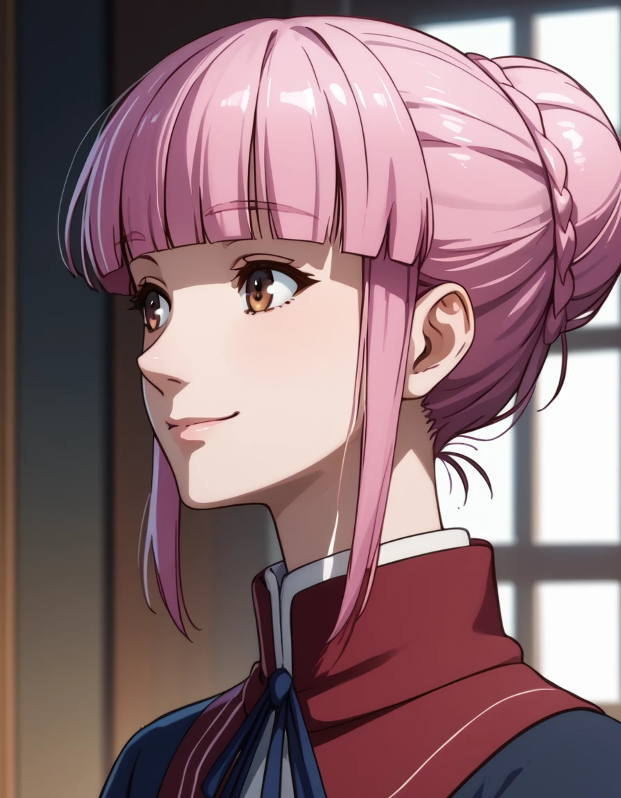 Myleene, short hair, brown eyes, pink hair, blunt bangs, hair bun, score_9, score_8_up, score_7_up, score_6_up, score_5_up, score_4_up, source_anime  <lora:LandofLeadale:1> soft smile, portrait