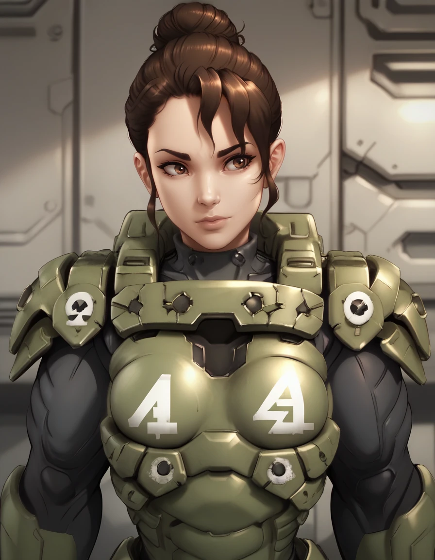 score_9, score_8_up, score_7_up, 
1girl, solo,
ssttrigdg,
brown hair, brown eyes, single hair bun, 
science fiction, armor, 
 <lora:Trig SST PXL v01-000002:1>