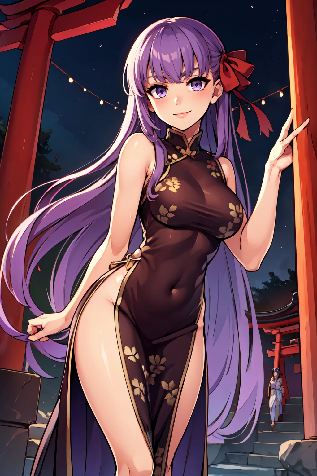 ((masterpiece,best quality)), absurdres,  BREAK, , <lora:Bb_Fgo:0.7>,  zzBB, long hair, purple hair, purple eyes, bangs, very long hair,  , BREAK,  china dress, pelvic curtain, side slit, sleeveless, print dress, covered navel, no panties, outdoors, night, torii, shrine, east asian architecture, leaning forward, hand on own thigh, from above,, BREAK, solo, smile, looking at viewer, cowboy shot,