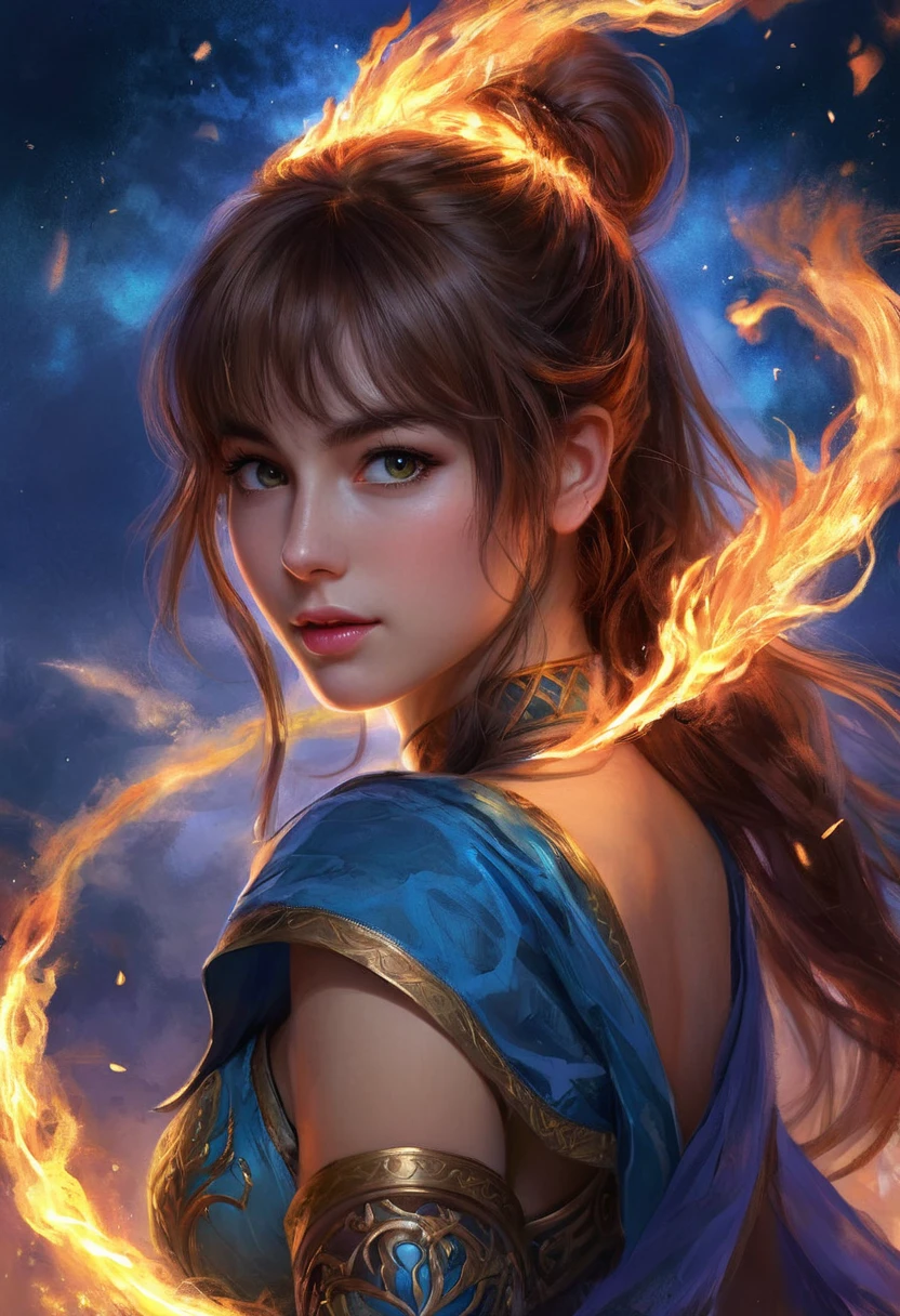 ethereal fantasy concept art of camilla,woman,<lora:Camilla Belle SDXL:0.8>,bangs,ponytail,fire princess,glaring, . magnificent, celestial, ethereal, painterly, epic, majestic, magical, fantasy art, cover art, dreamy