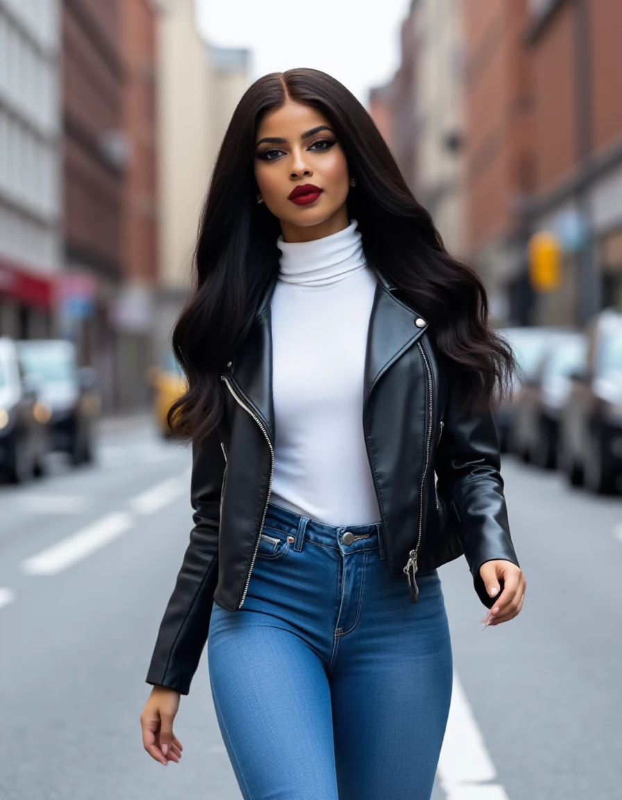 profesional photo of a beautiful woman Lemy beauty with long wavy black hair wearing blue waist up jeans and a black leather jacket over a white turtleneck shirt walking confidently across the street in a big city looking at the viewer with a seductive smile
<lora:Lemy_Beauty:1>