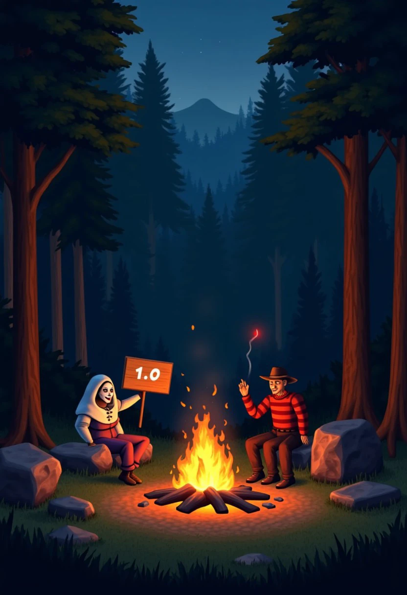 simsstyle, Ghostface, Freddy Kreuger and Pinhead sitting around a campfire in the forest at night. low poly. One of them is holding up a sign that says "1.0"