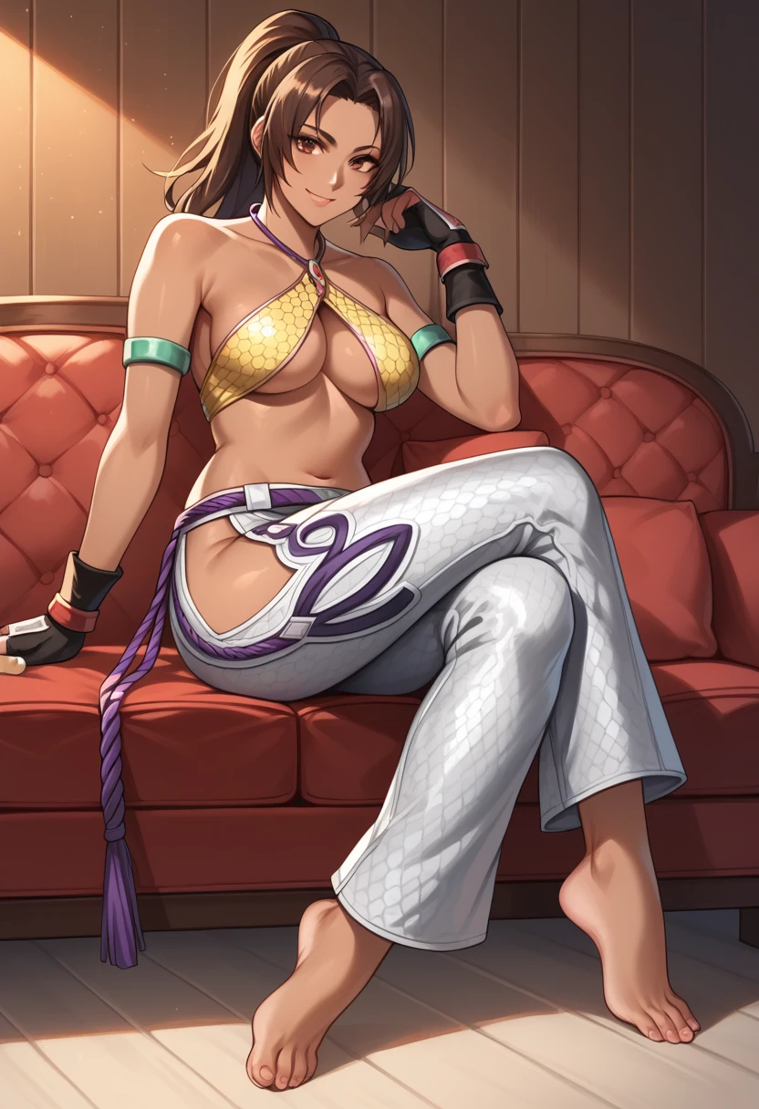 score_9, score_8_up, score_7_up,  source_anime,  BREAK,  <lora:TekkenChirstieMonteiro-000008:0.9>,  TekkenChris, ponytail, dark-skinned female, brown eyes, yellow crop top, criss-cross halter, underboob, green armlet, fingerless gloves, silver pants, hip vent, 1 girl, solo, rope belt, seductive smile, looking at viewer, breasts, sitting, crossed legs, bare feet, couch, wooden wall, , indoors,