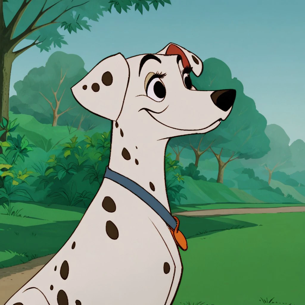 score_9, score_8_up, score_7_up,  j_cartoon, Disney, highly detailed, ((detailed shaders)), BREAK, perdita, ((Fera)), Dalmatian, outdoor, black eyes, smiling, animalization, in the park, blue background, day, clear, black spots, 1 female, female focus, outdoor, transparent background, elegant walking, Dutch flat, blue collar,