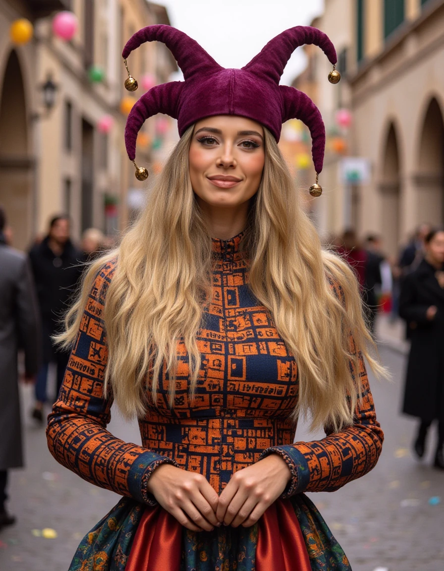 <lora:Diletta_Leotta_r1:1> full body shot of Diletta Leotta woman with long blonde hair.
She's the funnies jester of the medieval kingdom. She wears a jester hat with a colorfull outfit.
confetti raining from the sky with festoons in the street.
Perfect hands anatomy.
Medieval setting in the year 1200 a.c.
Professional photo taken on a medieval city street.