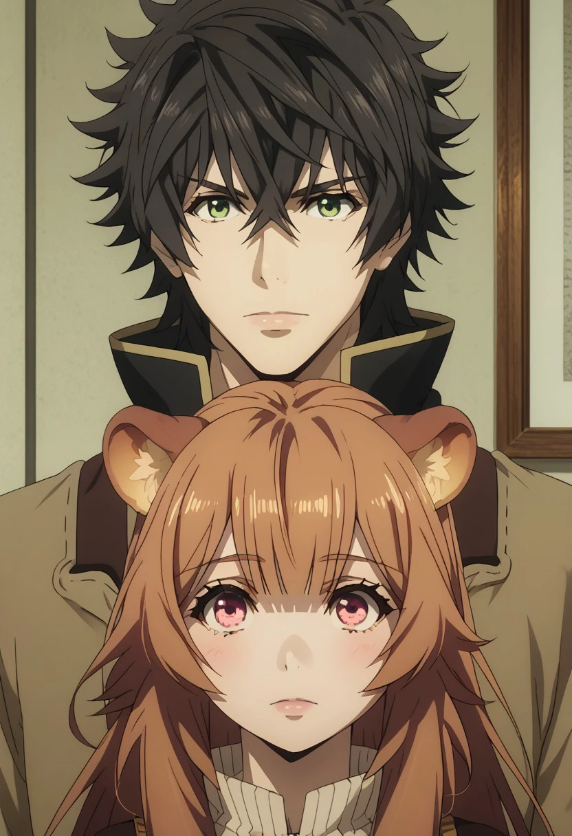 score_9, score_8_up, score_7_up, source_anime, rating_safe, NaofumiSH, green_Naofumi_eyes, black_Naofumi_hair, 1boy, couple focus, raphtalia, brown_Raphtalia_hair, brown-yellow_Raphtalia_raccoon ears, pinkish-red_Raphtalia_eyes, 1girl, female child, anime screencap, looking at viewer,