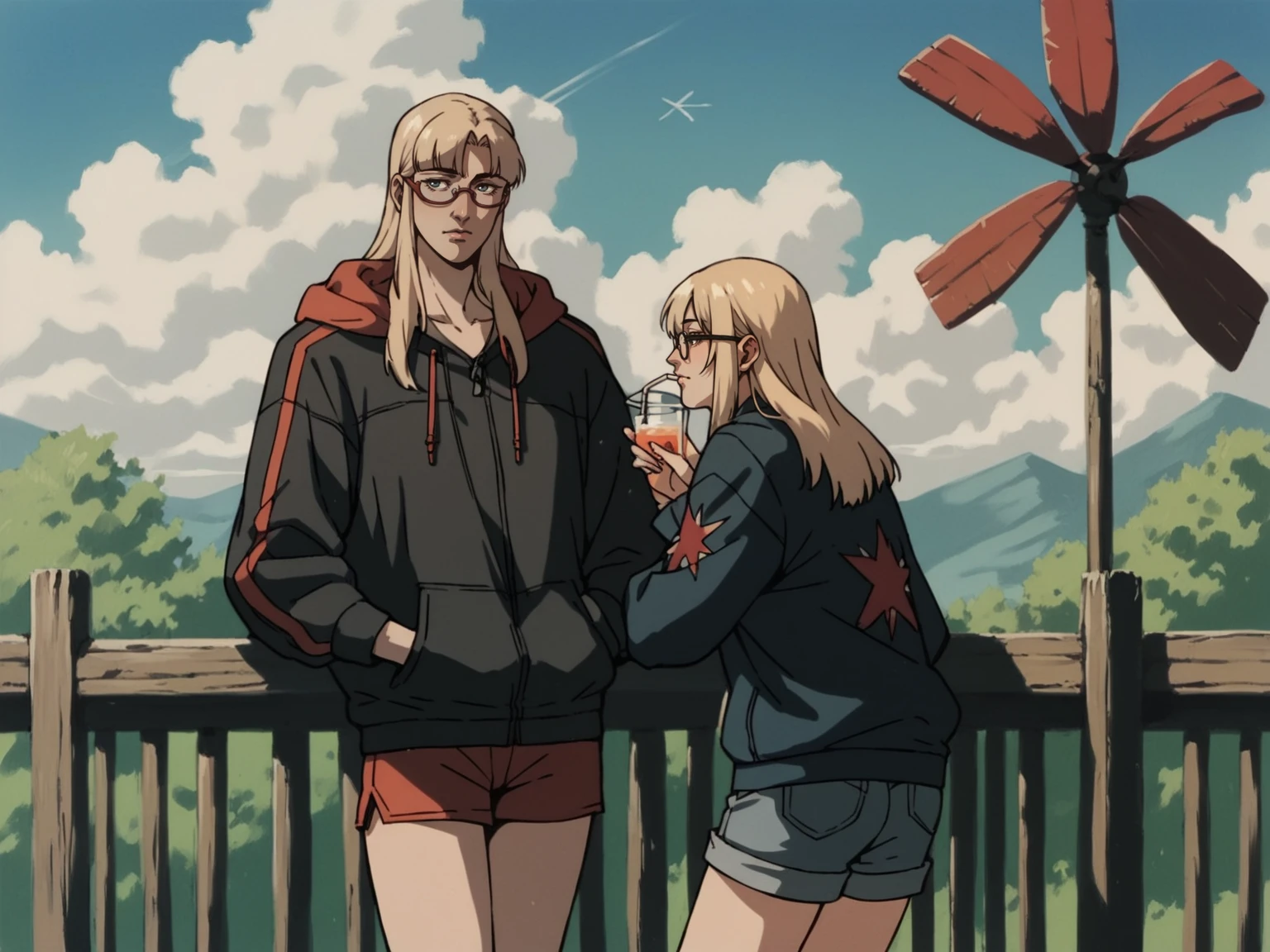 2girls artist_name black_hair blonde_hair blue_eyes cloud drinking eyewear_on_head hand_in_pocket hand_up jacket long_hair multiple_girls outdoors red-framed_eyewear red_shorts shorts standing twilight windmill, <lora:ScrollD:0.8>, score_9, score_8_up, score_7_up, zPDXL3