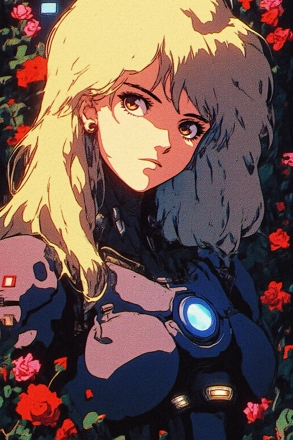 The image is a digital illustration in a detailed, vibrant, high contrast, semi-realistic art style with 90s retro futuristic anime-inspired elements. Featuring a young woman with blonde hair and a serene expression. She has long, voluminous, wavy blonde hair cascading around her face and shoulders. Her face is small, cute and soft with full, slightly parted lips. She wears a high-tech, futuristic armor that covers her torso, with intricate metallic patterns and a prominent, circular blue light on her chest, suggesting advanced technology and possibly cyborg elements. Surrounding her, there are vivid, red roses, some in bloom and others in bud, creating a contrast of softness and hardness. The background appears to be a complex, mechanical environment with metallic structures and glowing lights, indicating a futuristic, perhaps post-apocalyptic setting. The composition is dramatic with strong filmic effects, color grading.