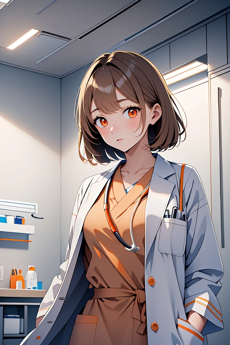 (RAW photo, best quality,facing the viewer,from front), operating room, overhead surgical light,blurred background, focused, dithering,backlighting,
 <lora:3dcc_Kimo_Tsunoda_V1.0:0.65> 3dcc, kimo tsunoda, 1girl, solo, light brown hair, orange eyes,
 <lora:DW_PG_Doctor_LabcoatOverScrubs1_1:0.8> labcoat and scrubs, 1girl, solo, looking at viewer, stethoscope,