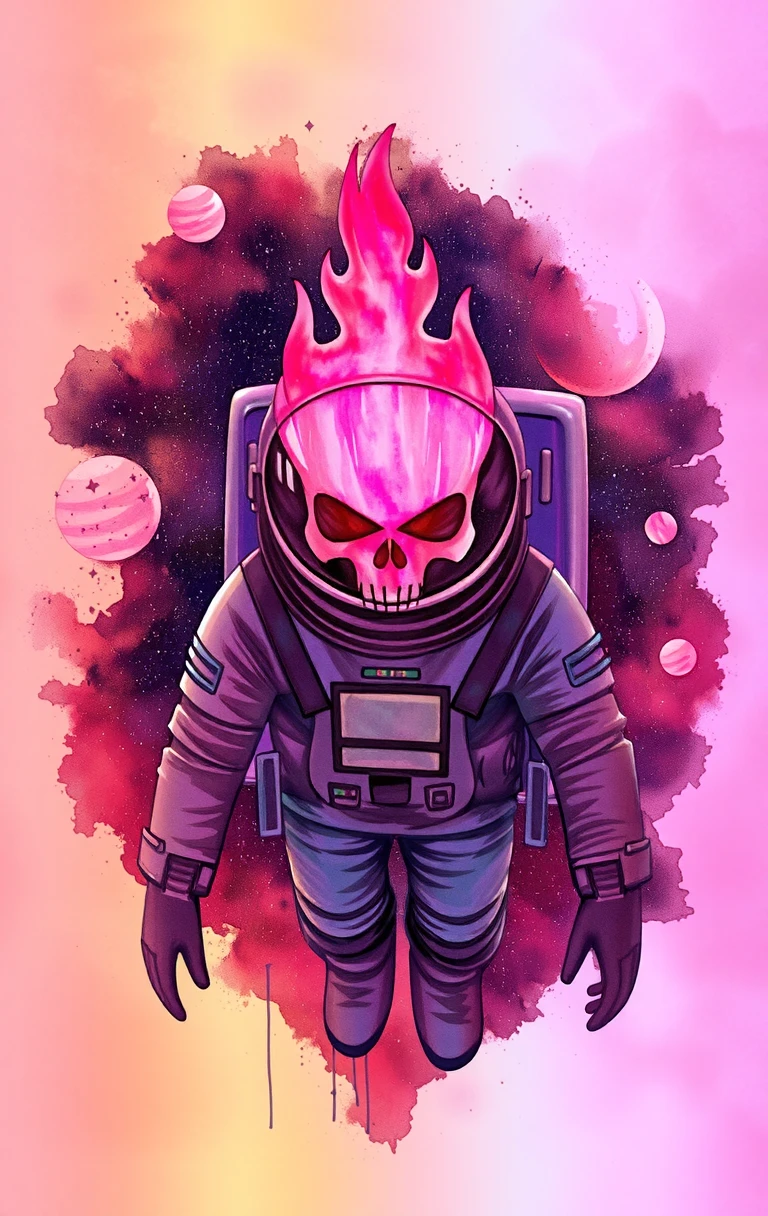 watercolor painting is a digital illustration of an astronaut in outer space. The astronaut is wearing a full-body suit with a helmet that has a skull-like design on it. The skull is covered in pink and orange flames, giving it a fiery appearance. The background is filled with a nebula-like pattern of stars and planets. The overall color scheme of the image is vibrant and colorful, with shades of pink, orange, yellow, and blue. watercolor painting has a dreamy and surreal feel to it.