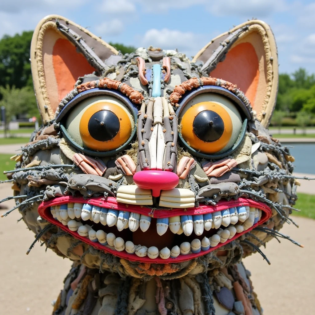 sculpure of funny cat face made of trash and junk, trashart, shallow depth of field