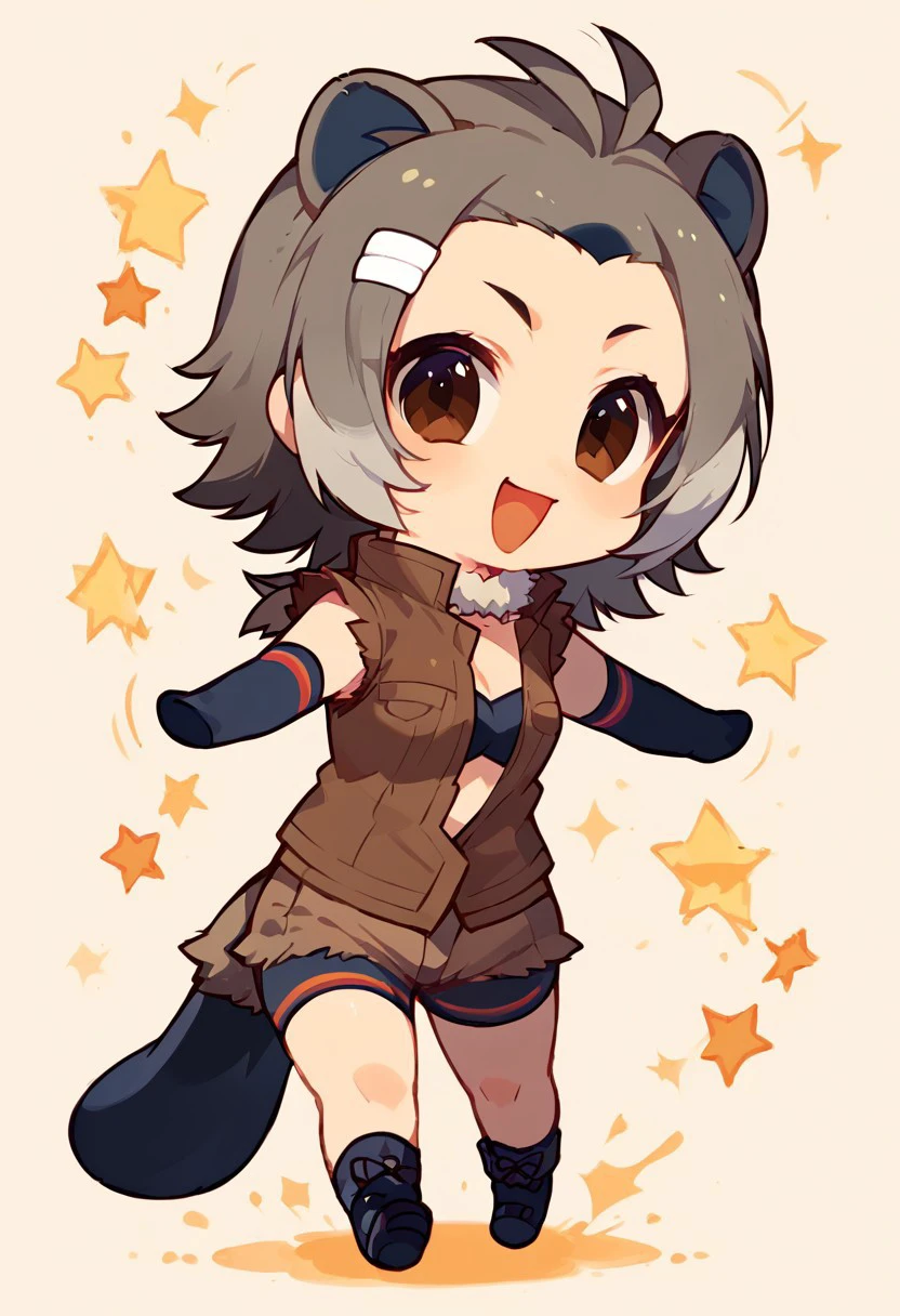 1girl, ((solo)), best quality, ultra-detailed, extremely detailed, perfect anatomy, masterpiece, score_9, score_8_up, score_7_up, american beaver (kemono friends), animal ears, brown eyes, tail, grey hair, antenna hair, multicolored hair, short hair, hairclip, elbow gloves, black gloves, brown jacket, open jacket, sleeveless, fur collar, shorts, bikini top, shoes, open mouth smile, cute look, confident look, looking at viewer, happy, action pose, simple background, (chibi:1.3),