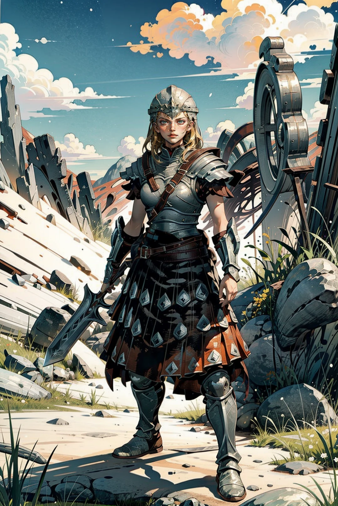 1girl,solo,beauty,blond hair,(helmet),armor,bracer,boots,weapon,sword,(holding weapon),looking at viewer,full body,sunset,grass,mountain,Highly detailed,(ultra-detailed),(best quality,masterpiece:1.5),