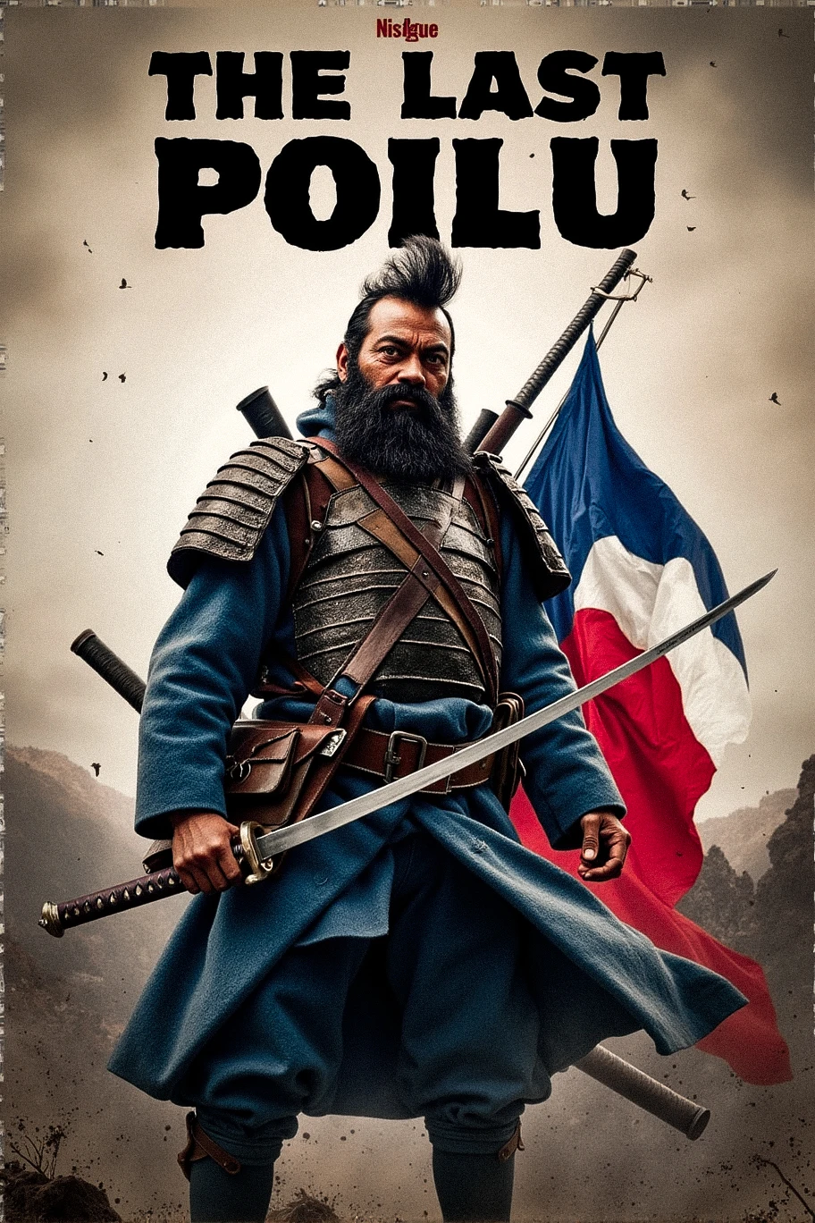 Movie poster title "THE LAST POILU" in stylized Asian font; A french soldier sporting a huge beard and moustache is standing in his blue uniform, a Sashimono French flag on his back, holding a katana and wearing samurai armor, ready for battle<lora:french_soldier_flux_v1:1>