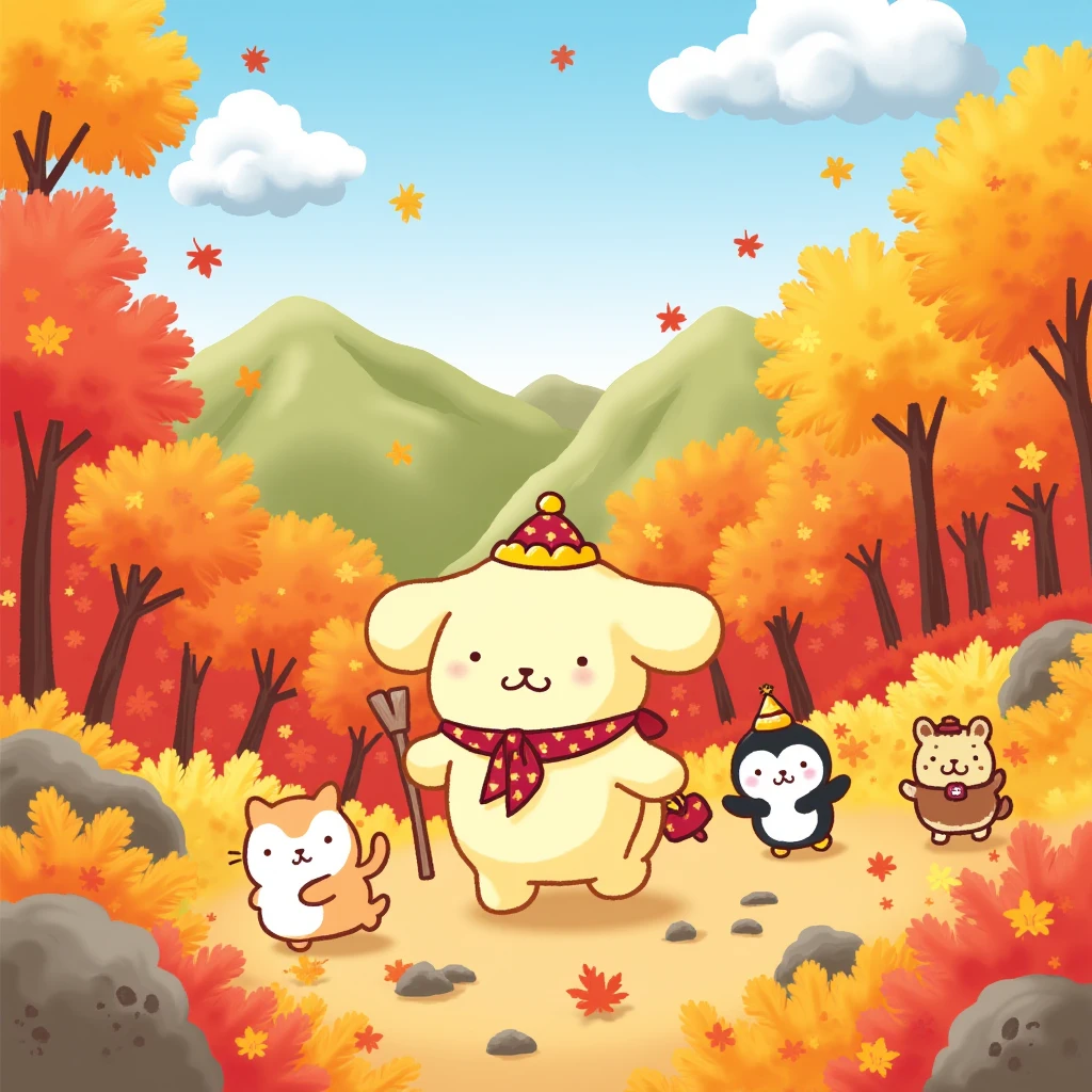 A charming and fanciful illustration of POMPOMPURIN enjoying an autumn hike in a mountain filled with vibrant red, orange, and yellow foliage. He is accompanied by chibi-style characters, such as a cute cat and a small penguin, all happily exploring the colorful landscape together. The scene is full of joy and warmth, with everyone smiling and interacting playfully, capturing the magical and whimsical atmosphere typical of Sanrio. The overall vibe should be cozy and cheerful, making it feel like a delightful autumn adventure in a world of pure imagination.