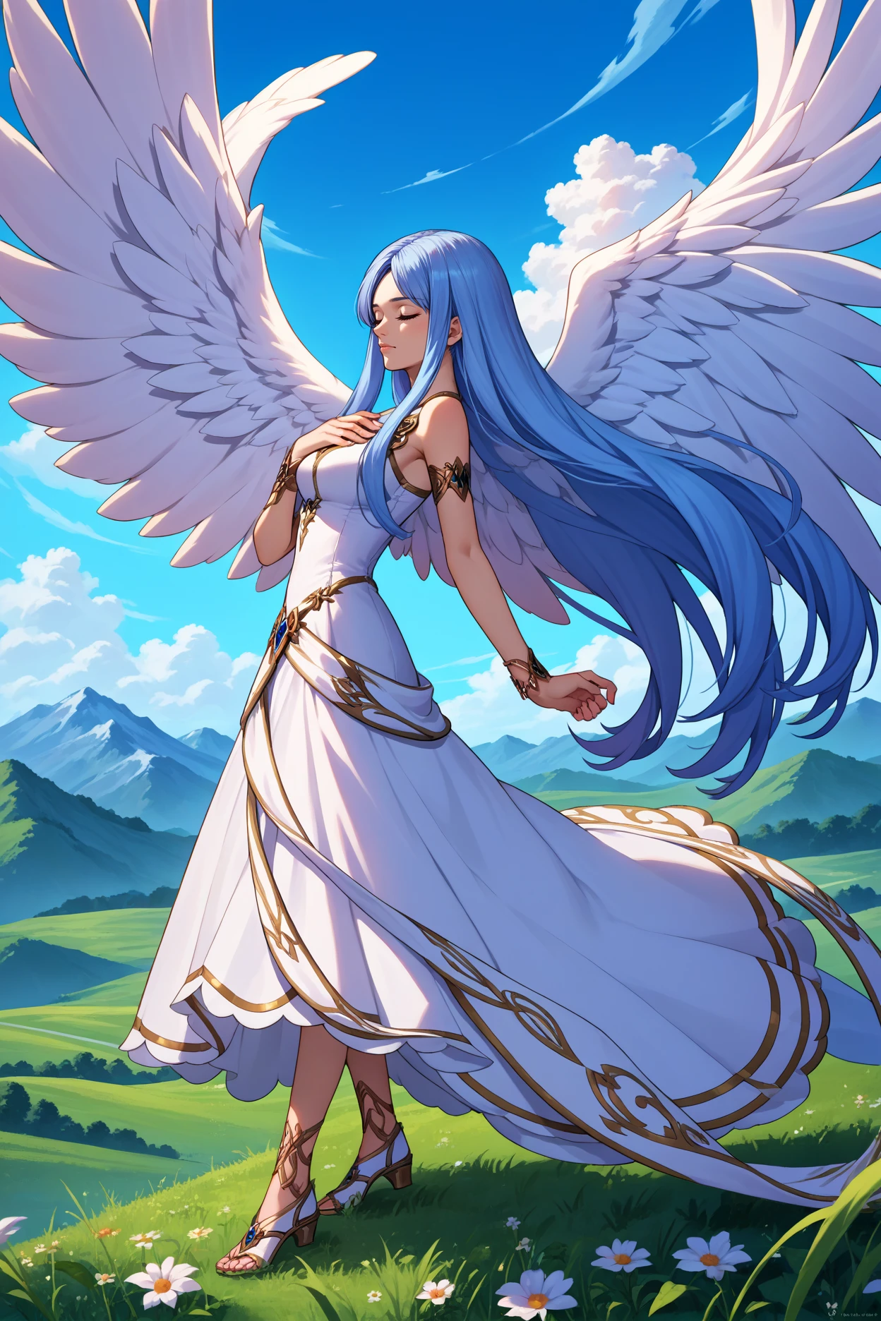 score_9, score_8_up, score_7_up, score_6_up, source_anime, 1girl, solo,  <lora:ysfeena-pdxl-nvwls-v1-000004:1> angelFeena, light blue hair, very long hair, blue eyes, angel wings, white dress, armlet, bracelet, big breasts, hand on own chest, from side, closed eyes, mountains, blue sky, clouds, wide shot, field, full body