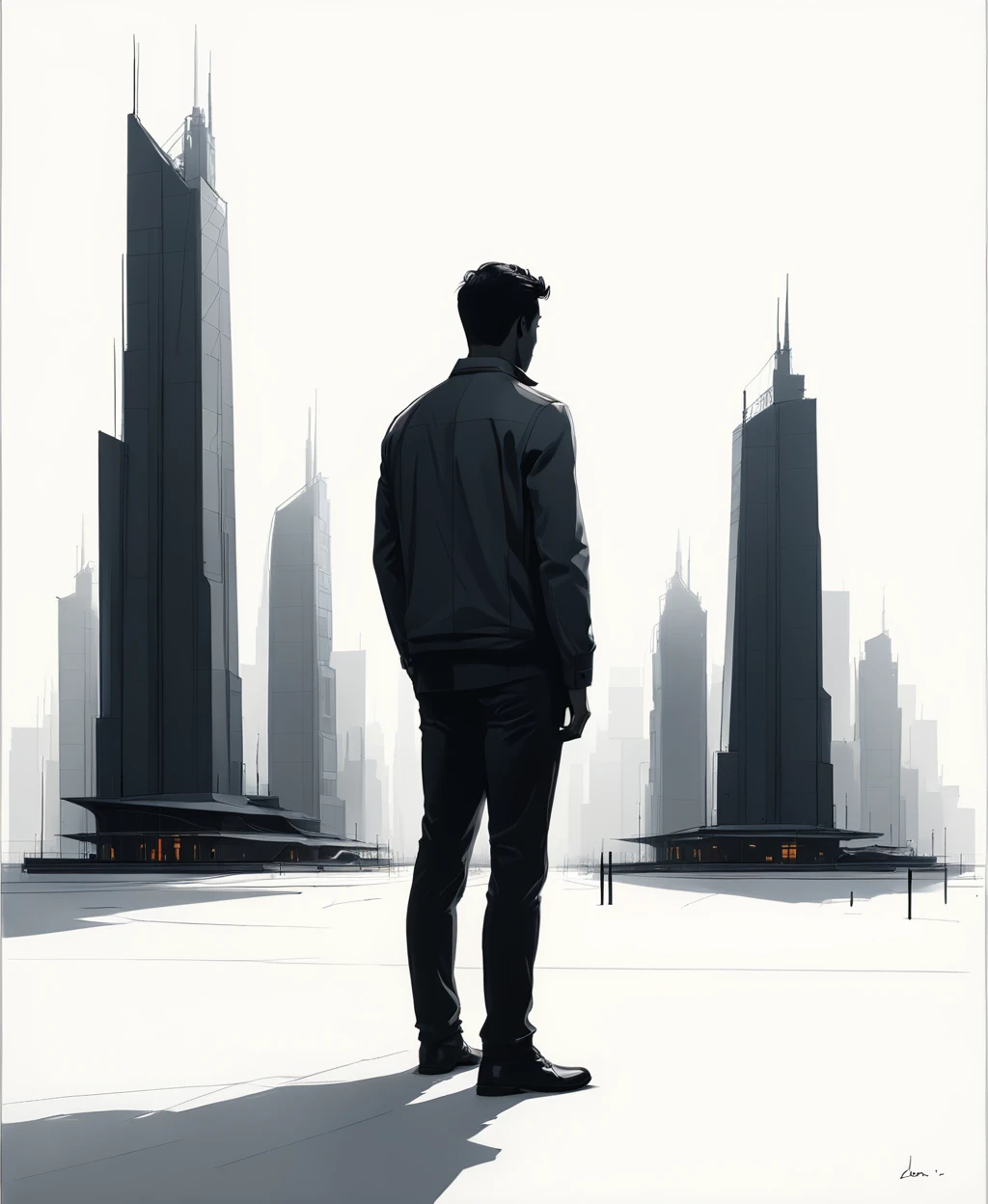 
A minimalist drawing in black shadows depicts a man standing , His slouched posture, The background features simple, geometric silhouettes of buildings against a flat, gray sky. Shadows accentuate <lora:Shadows-Building-v01.safetensors:1.0>, 