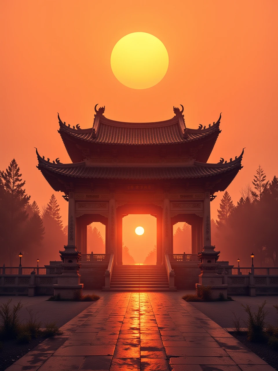 Altar and Temple Architecture: An illustrative depiction of a traditional Chinese altar or temple,a testament to China's deep-rooted cultural heritage,under the serene backdrop of a setting sun.,
The image presents a well-preserved altar or temple,a symbol of ancient Chinese architecture,standing in its full glory against the warm,golden light of the sunset. The structure,with its sweeping roof,intricate carvings,and balanced proportions,is bathed in the soft glow of the declining day,highlighting the temple's historical and spiritual significance.,
The temple's silhouette is accentuated by the sunset,creating a striking contrast between the ancient stonework and the vibrant sky. The scene evokes a sense of reverence and tranquility,encapsulating the essence of China's architectural and cultural legacy.,
This portrayal captures the timeless beauty of altar and temple architecture in China,with the sunset serving as a metaphor for the enduring spirit of Chinese tradition and the passage of time. The image conveys a deep appreciation for the artistry and craftsmanship of ancient Chinese builders,and the enduring relevance of these sacred structures in contemporary society.,