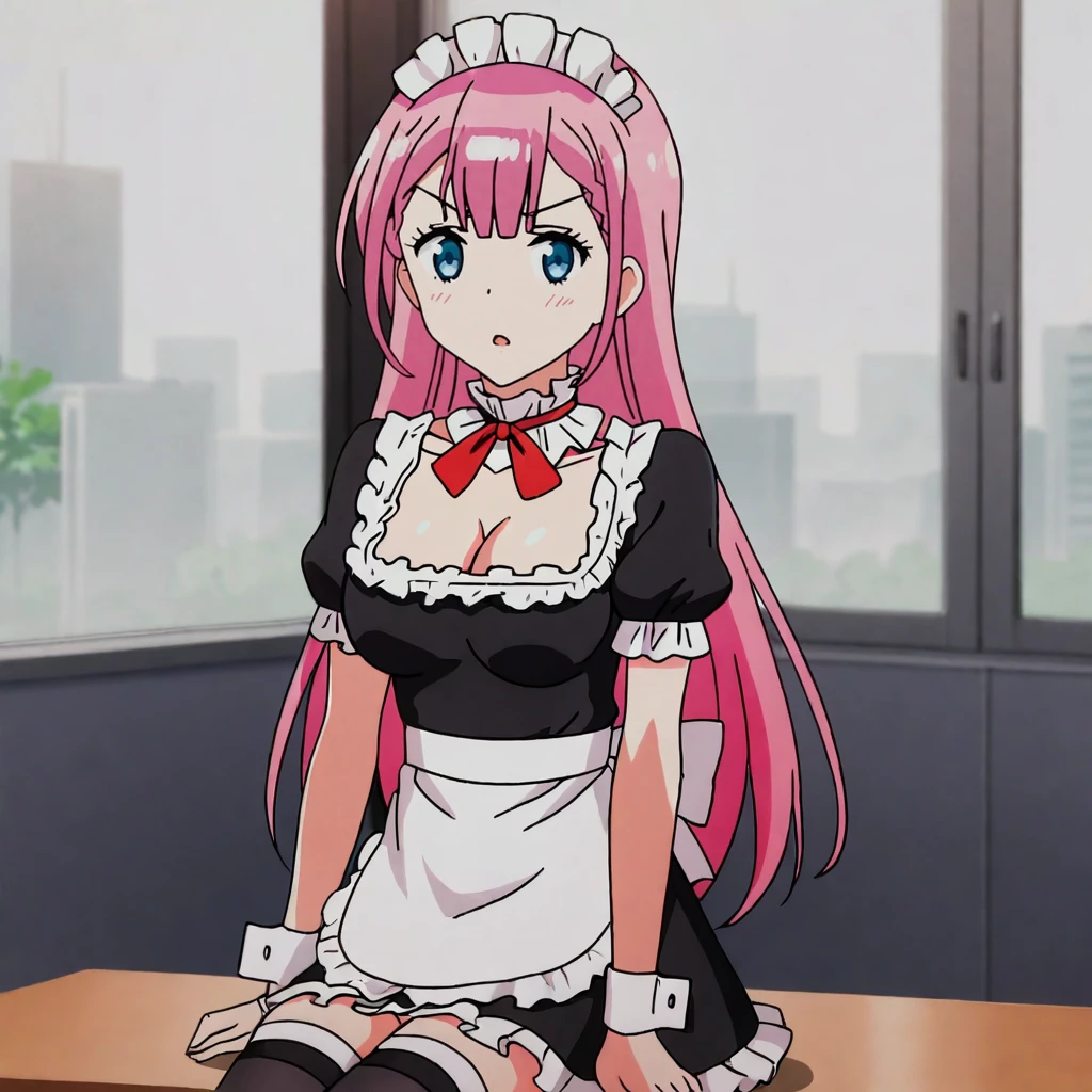 <lora:kirisuweneverlearn_pony_v1:.7> KirisuMaid, 1girl, pink hair, maid headdress, long hair, medium breasts, black thighhighs, blue eyes, cleavage, maid apron, frills, wrist cuffs, enmaided, dress, cowboy shot