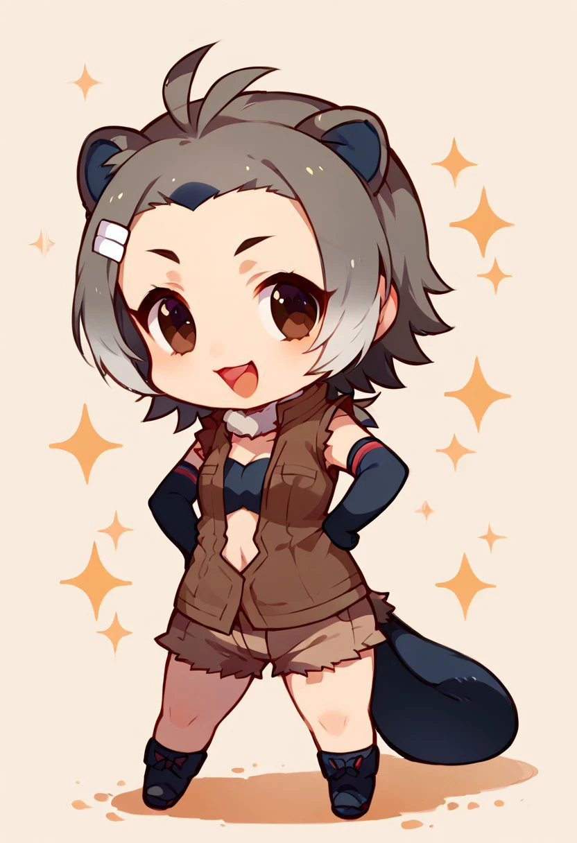 1girl, ((solo)), best quality, ultra-detailed, extremely detailed, perfect anatomy, masterpiece, score_9, score_8_up, score_7_up, american beaver (kemono friends), animal ears, brown eyes, tail, grey hair, antenna hair, multicolored hair, short hair, hairclip, elbow gloves, black gloves, brown jacket, open jacket, sleeveless, fur collar, shorts, bikini top, shoes, standing, hands on hips, open mouth smile, cute look, confident look, looking at viewer, happy, posing, simple background, (chibi:1.3),