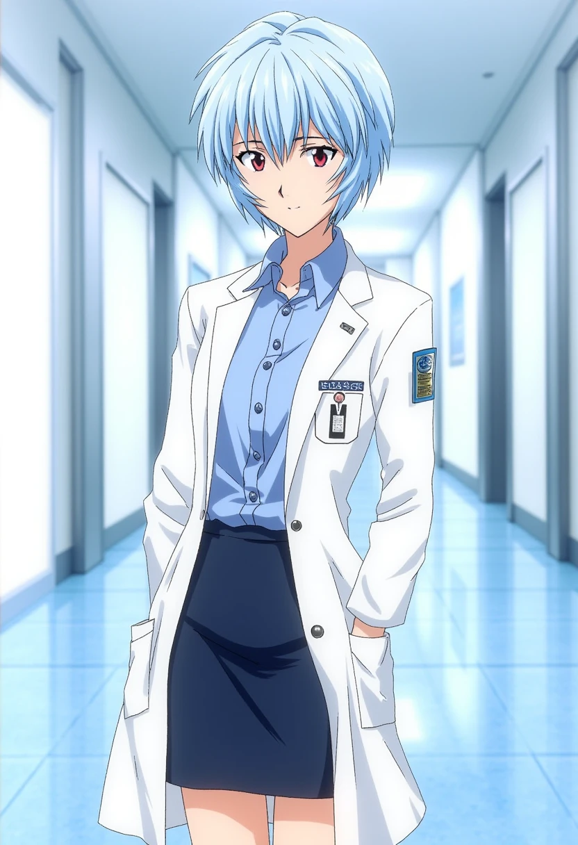 A detailed solo portrait of ppayanamirei. She stands in the lobby of a modern hospital, wearing lab coat, shirt and pencil skirt. She shows a light smile. She has pale blue hair, and interface headset for EVA pilots.
 <lora:Ayanami Rei - Flux prototype_epoch_3:1>, anime.