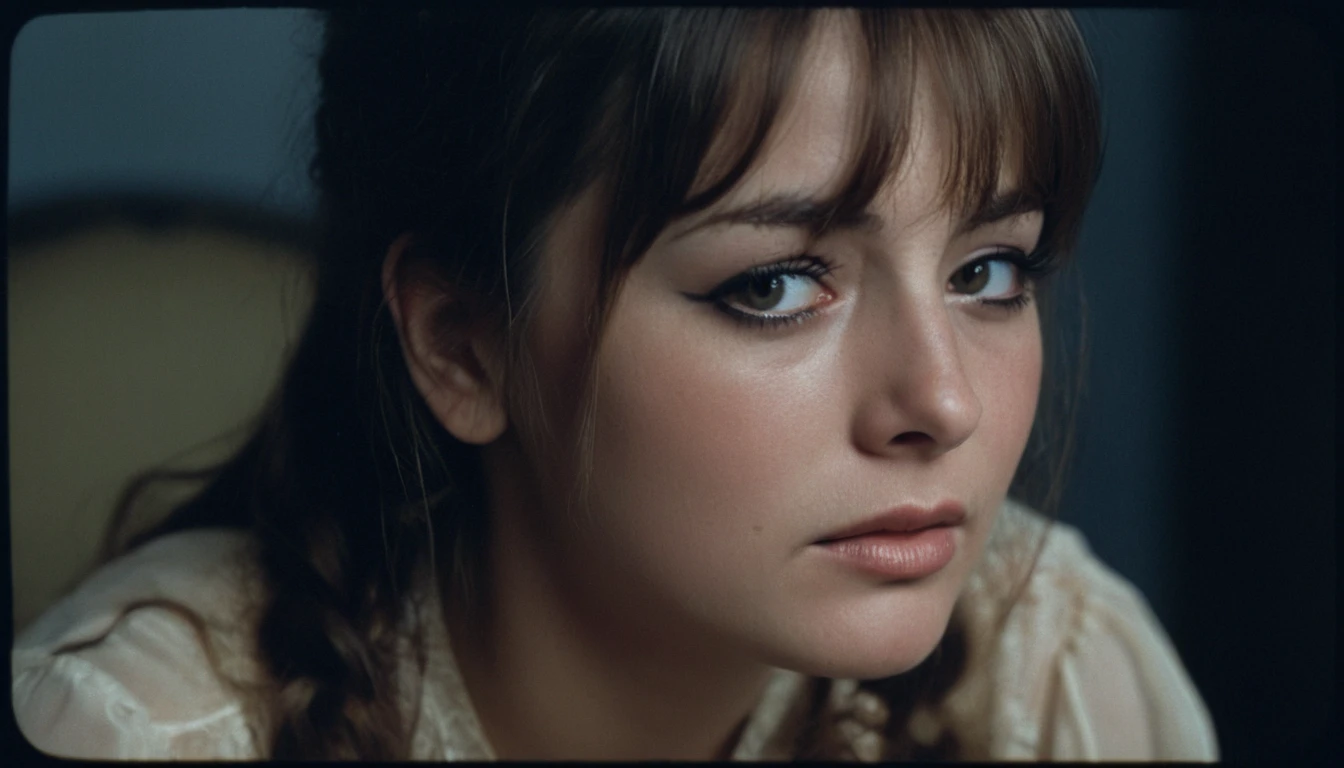 analog film photo 1970's film still,camilla,woman,<lora:Camilla Belle SDXL:0.8>,crying,bangs,ponytail,eyeliner, . faded film, desaturated, 35mm photo, grainy, vignette, vintage, Kodachrome, Lomography, stained, highly detailed, found footage