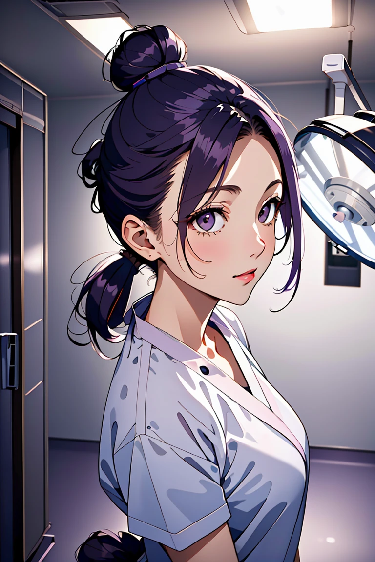 (RAW photo, best quality,facing the viewer,from front), operating room, overhead surgical light,blurred background, focused, dithering,backlighting,
 <lora:CMC_Katherine_Moretti_V1.0:0.9> cmc924, katherine moretti, 1girl, solo,dark purple hair, single hair bun, brown eyes,long hair,
 <lora:DW_PG_Doctor_ConceptOperatingRoomSD0_0:1> operating room