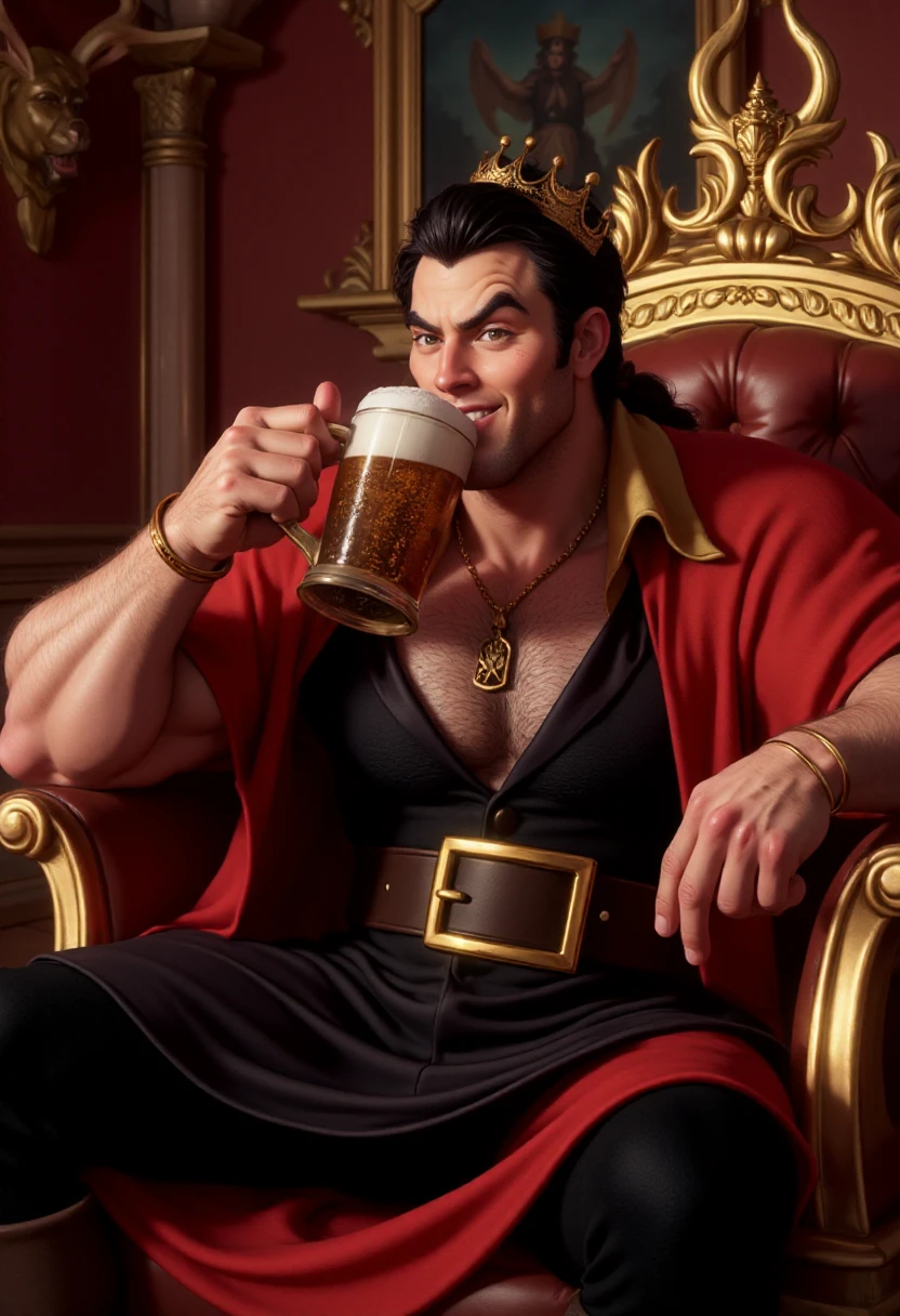 Photorealistic picture of a muscular Gaston, sitting on a throne in a throne room. He is drinking from a gold beerstein. He is wearing a king's crown and  gold jewelry.   <lora:Gaston_-_Beauty_and_the_Beast_F1D-000018:1.3>