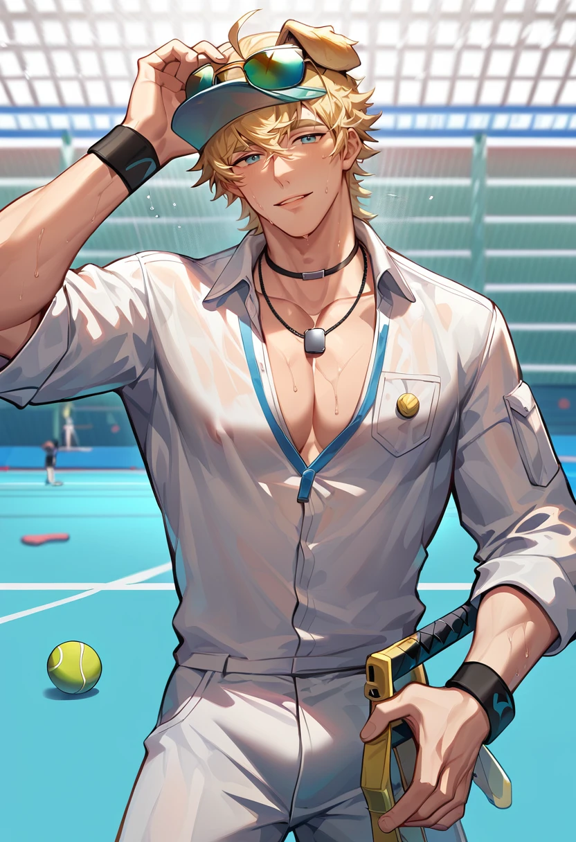 score_9,score_8_up,score_7_up,1boy,solo,yaoi,bara,male focus,fairly nsfw,uncersored,highres,best quality,amazing quality,best aesthetic,absurdres,<lora:add-detail-xl:1>,<lora:tequila:1>,tequila,sunglasses,eyewear on head,tennis_uniform,standing,holding hat,looking at viewer,sweat,parted lips,