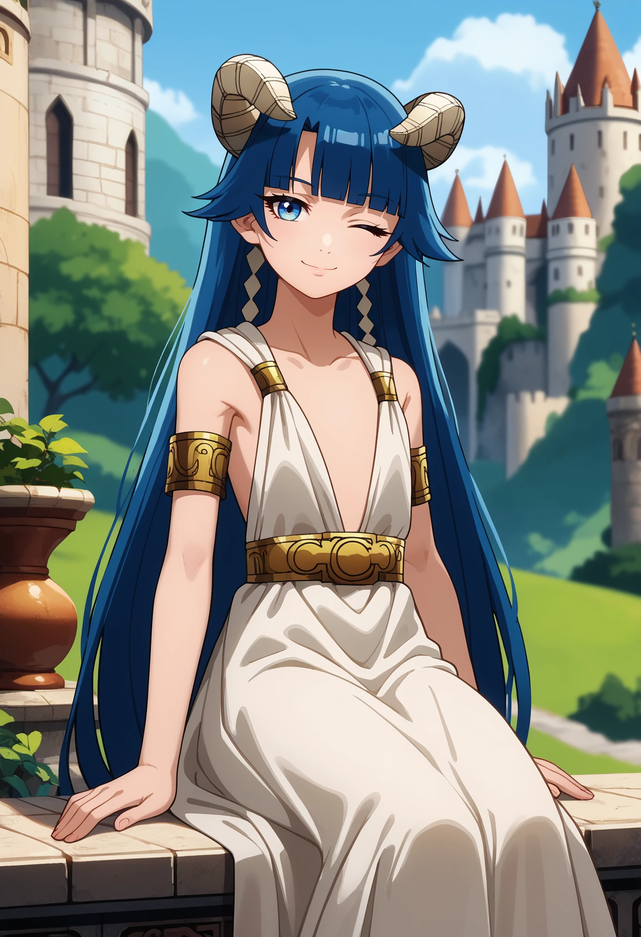 score_9, score_8_up,
<lora:KekkonYubiwaMonogatari_SaphirMaasaXL:0.8>,
1girl, solo, closed mouth, light smile, one eye closed,
very long hair, blue hair, blue eyes, hair tubes, blunt bangs, horns,
SaphirMaasa, ancient greek clothes, flat chest, sleeveless dress, white dress, armlet, belt,
sitting, head tilt, looking at viewer,
blurry background, scenery, castle, outdoors