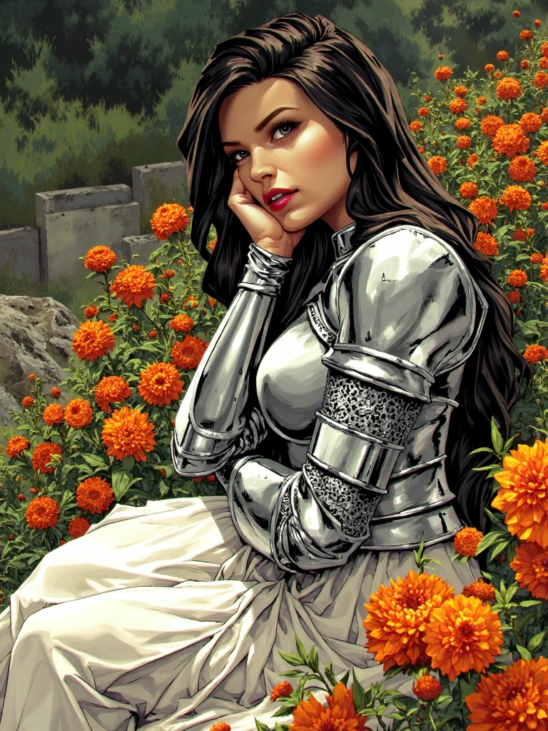 kaelngu style, comicbook illustration, portrayal of a female figure in a garden setting. She is adorned in ornate silver armor with intricate designs complemented by a flowing white dress. Her long dark hair cascades down her back and she is depicted in a contemplative pose resting her head on her hand. The garden is lush with vibrant orange and red flowers and the background is a blend of green foliage and a hint of a stone wall. The color palette is rich and warm with the metallic sheen of her armor contrasting against the bright hues of the flowers and the earthy tones of the garden,, <lora:SXZ_Kael_Ngu_Flux:1>