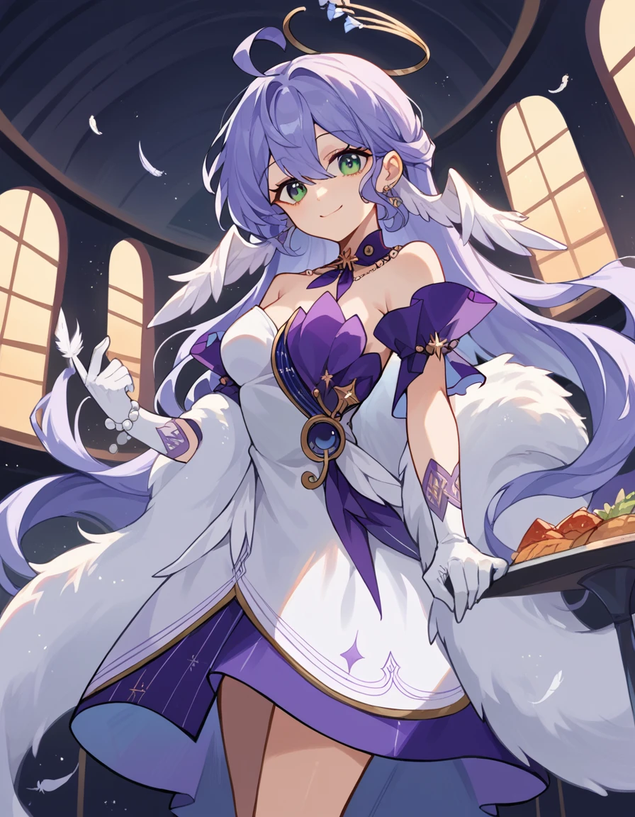 score_9, score_8_up, score_7_up, source_anime, <lora:hsr-robin-ponyxl-lora-nochekaiser:1>, hsr robin, purple hair, ahoge, long hair, very long hair, hair between eyes, feather ears, wings, white wings, green eyes, beads, hair intakes,, strapless dress, white dress, purple dress, detached sleeves, white gloves, feather boa, dress, shawl, halo, asymmetrical gloves, jewelry, earrings, purple collar,, restaurant, laughter, good food, warm lighting, celebration, smile, , arm out, knee up, hand open, solo,, cowboy shot, dutch angle