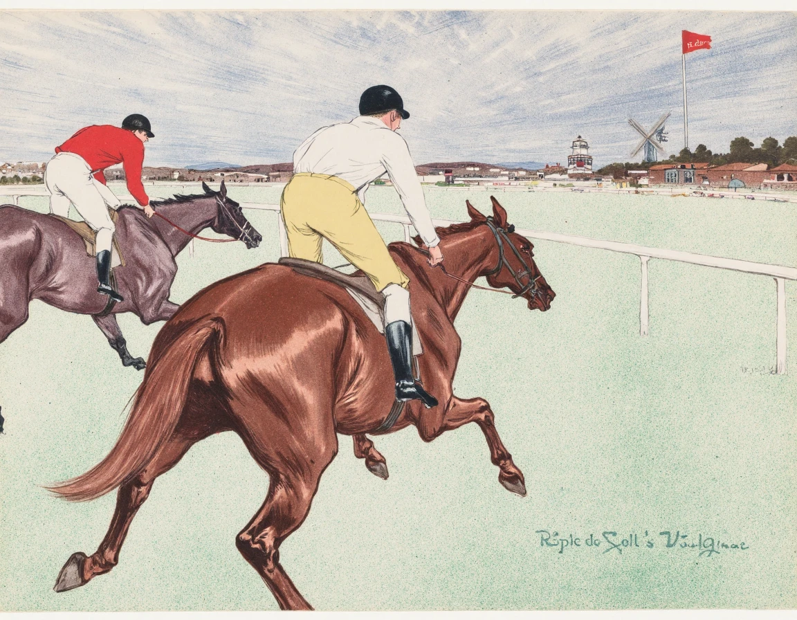 The art by Ltrc depicts two jockeys riding horses at a racetrack. The jockey in the foreground wearing a white shirt and yellow trousers is seen from behind galloping on a brown horse. The second jockey in a red shirt is slightly behind and to the left riding a darker horse. In the background there's a vast expanse of the racet track with a distant flagpole and a windmill. The sky above is painted in soft hues of blue and white suggesting either early morning or late afternoon.