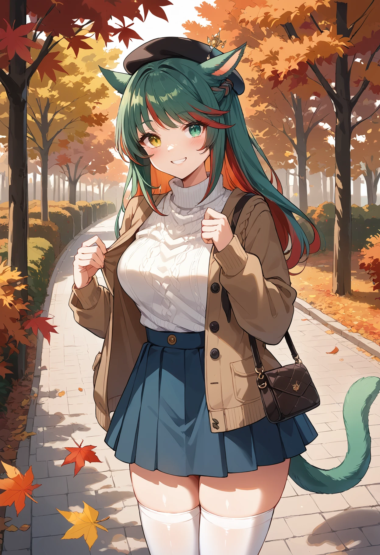 score_9, score_8_up, score_7_up, miqo'te, green hair, red hair, siriha, blush, two-tone hair, tail, heterochromia, yellow eyes, green eyes, medium breasts, crown braid, long hair, braid, autumn, white sweater, autumn brown jacket, beret,  path, falling leaves, trees, autumn leaves, skirt, thighhighs, handbag, smile, cowboy shot
<lora:miqote siri (pony) v1:1.0>